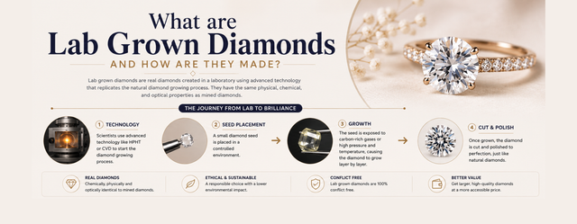 Infographic explaining what lab-grown diamonds are and how they are made, featuring the diamond-growing process from seed placement to cutting and polishing, alongside a sparkling diamond ring.