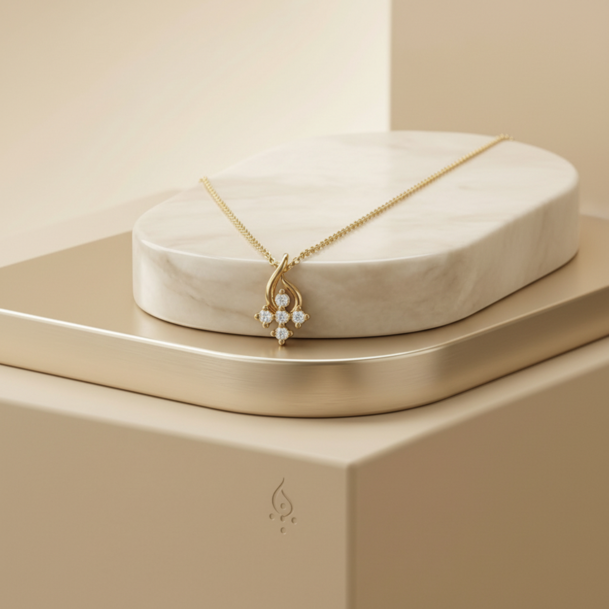 Gold necklace with a diamond pendant on a beige surface