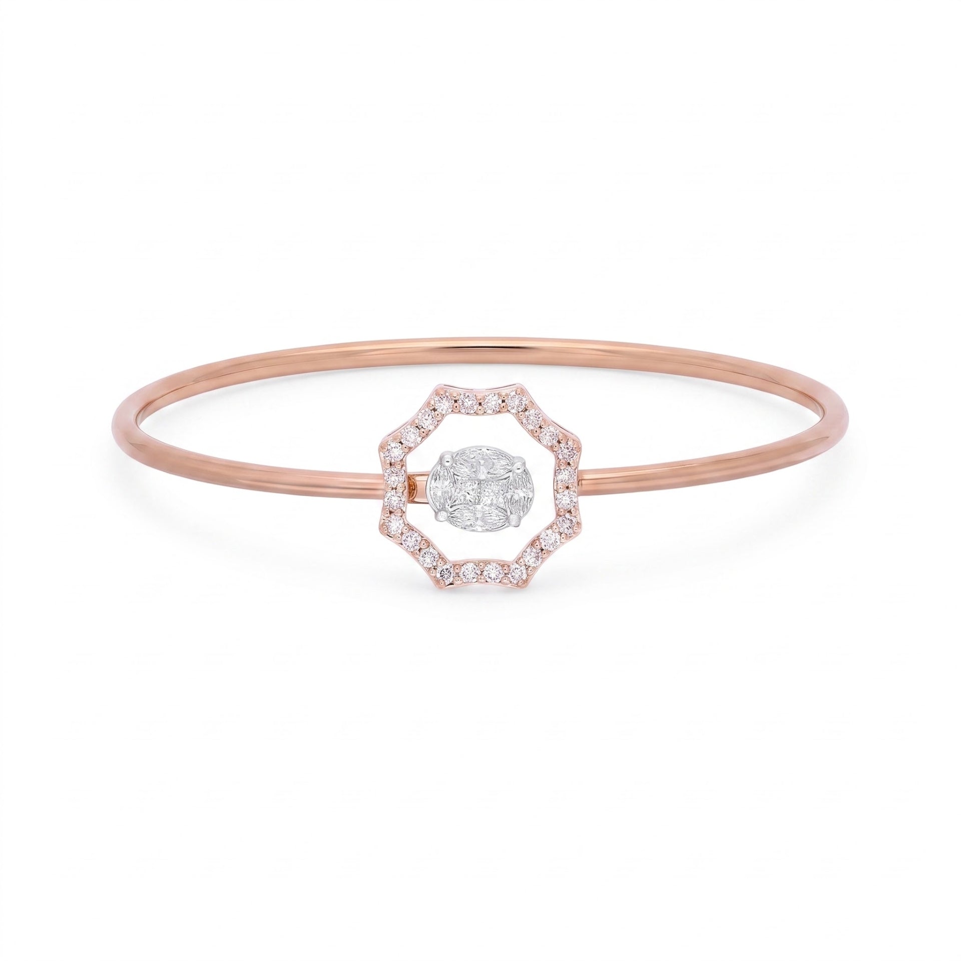 A delicate rose gold bangle bracelet featuring a central geometric octagonal halo set with small clear stones and a round-cut center stone, shown on a clean white background.