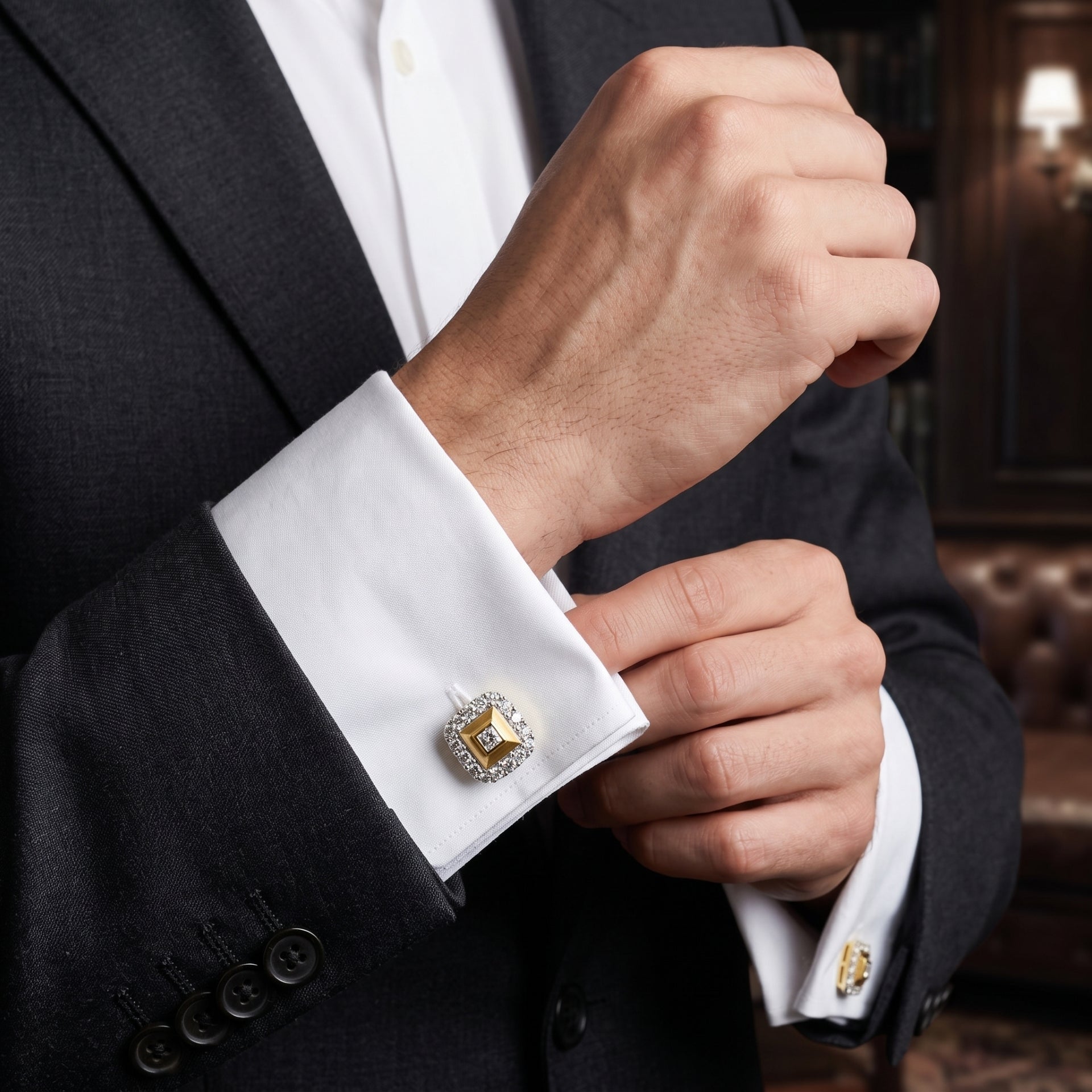 Gold square shaped cufflinks with diamonds studded in centre and on the boundary attached with cuffs of shirt.