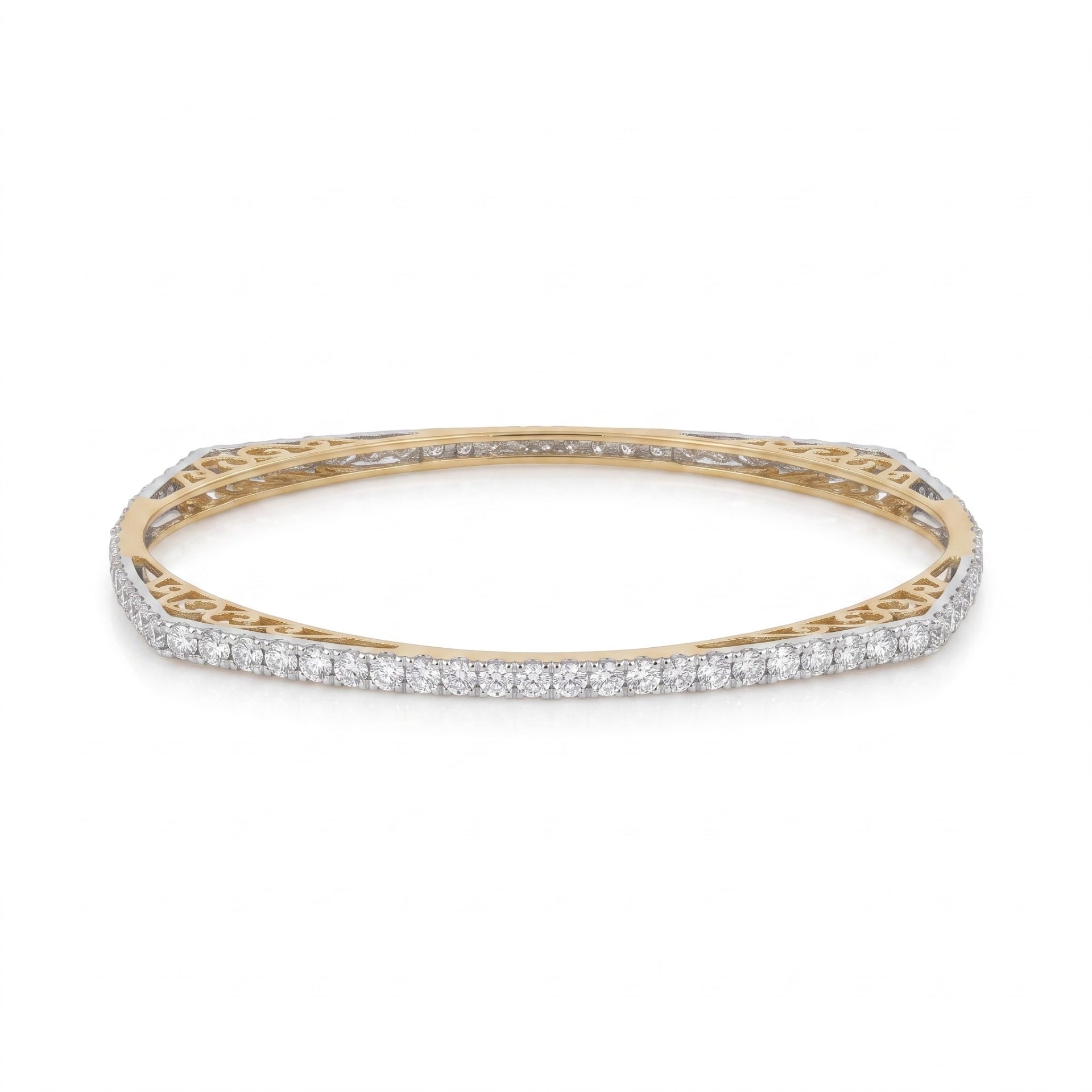 A yellow gold bangle bracelet featuring a continuous row of pavé-set round diamonds on the outer band, with an openwork filigree gold inner band, shown against a plain white background.