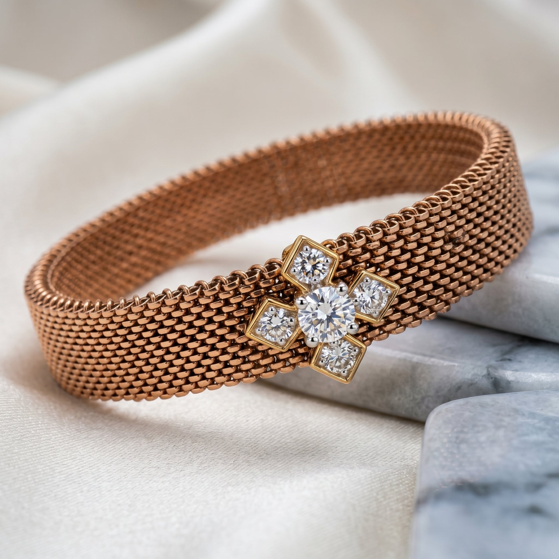 Rose gold mesh bracelet with floral lab grown diamond motif on satin