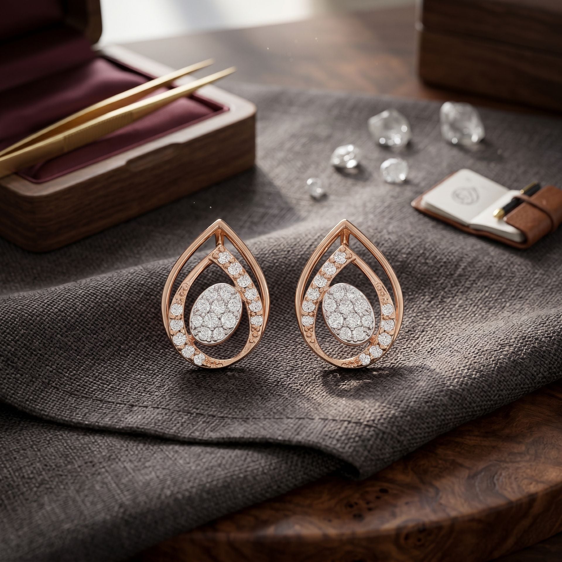 Teardrop-shaped earrings with gemstones on a textured fabric surface.
