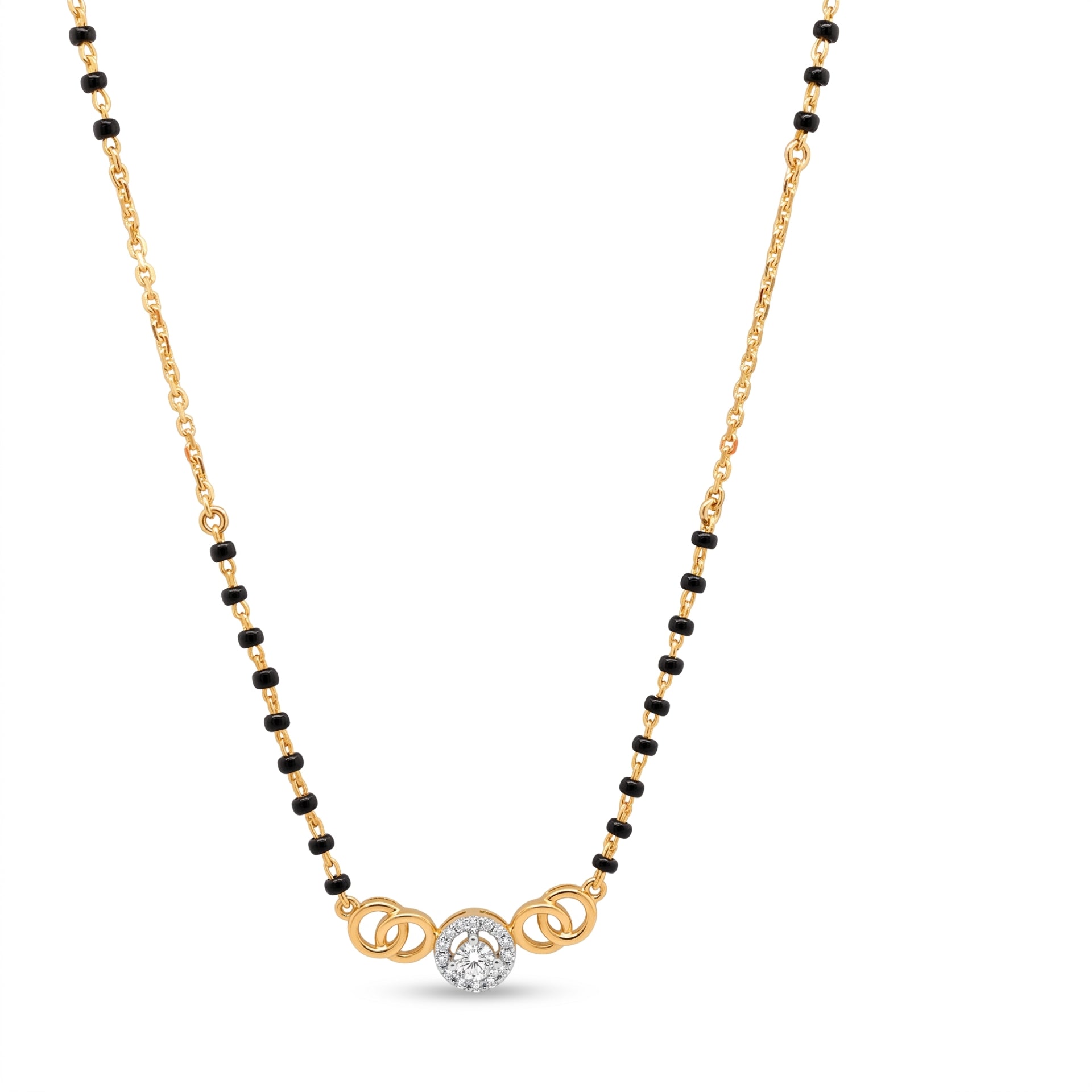A gold and black beaded necklace with a central gold pendant featuring a clear round-cut diamond, displayed on a clean white background.