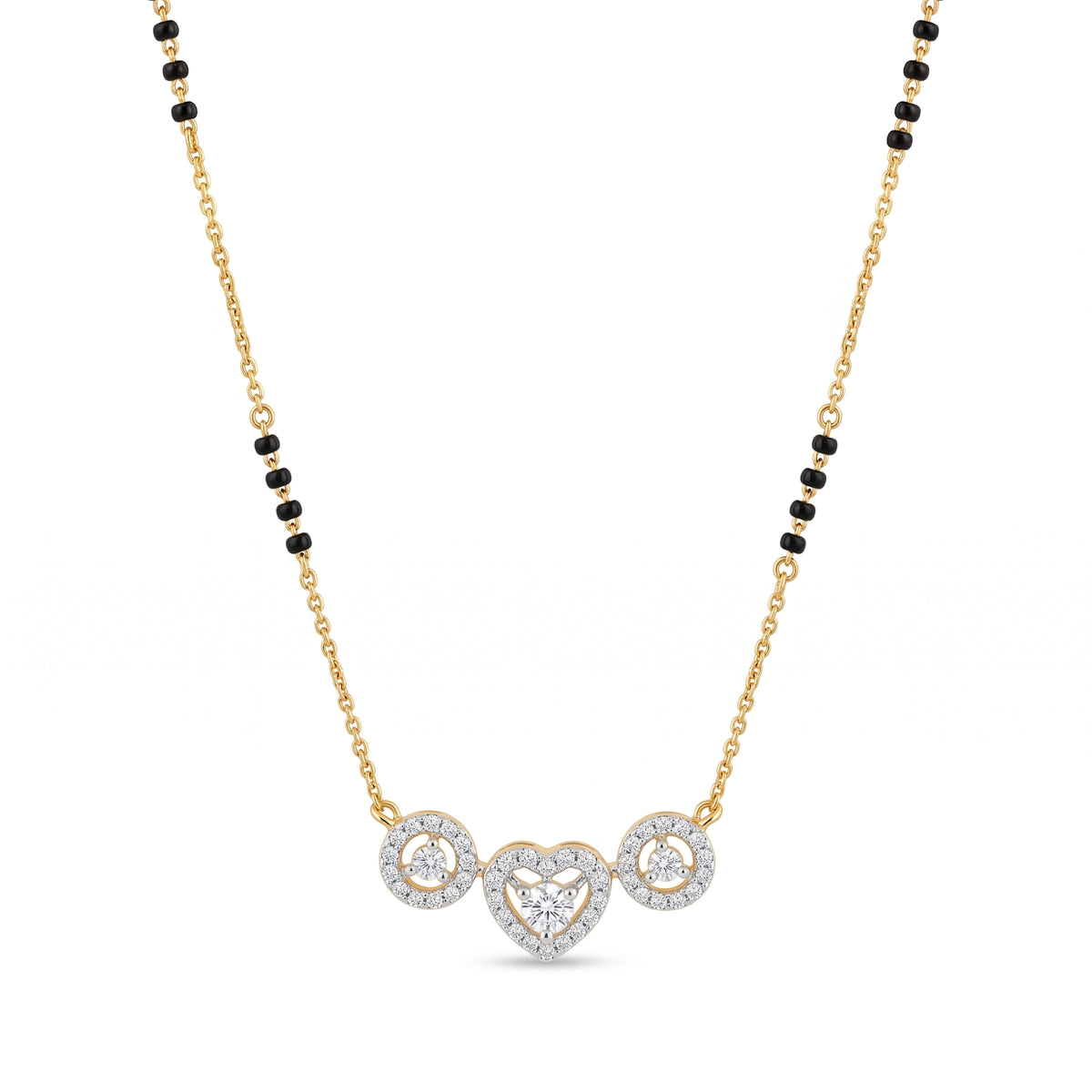 A delicate gold chain necklace featuring a central pendant with a heart and two circular motifs, all set with clear stones, accented by small black beads along the chain, on a plain white background.