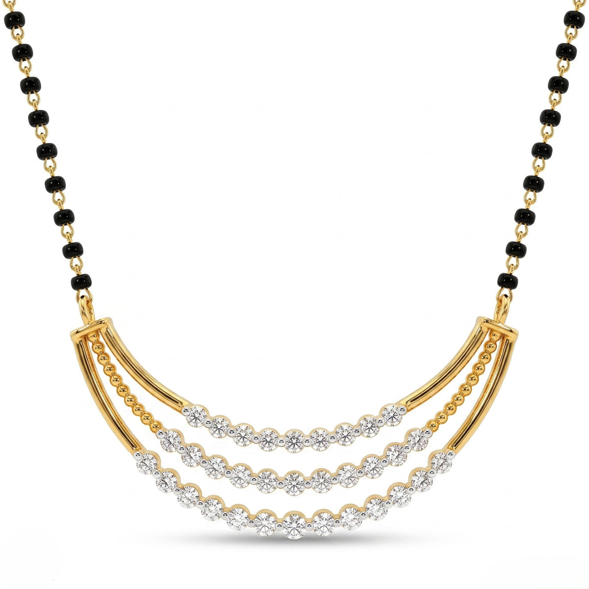 A gold and black beaded necklace with a curved triple-row diamond pendant on a clean white background.