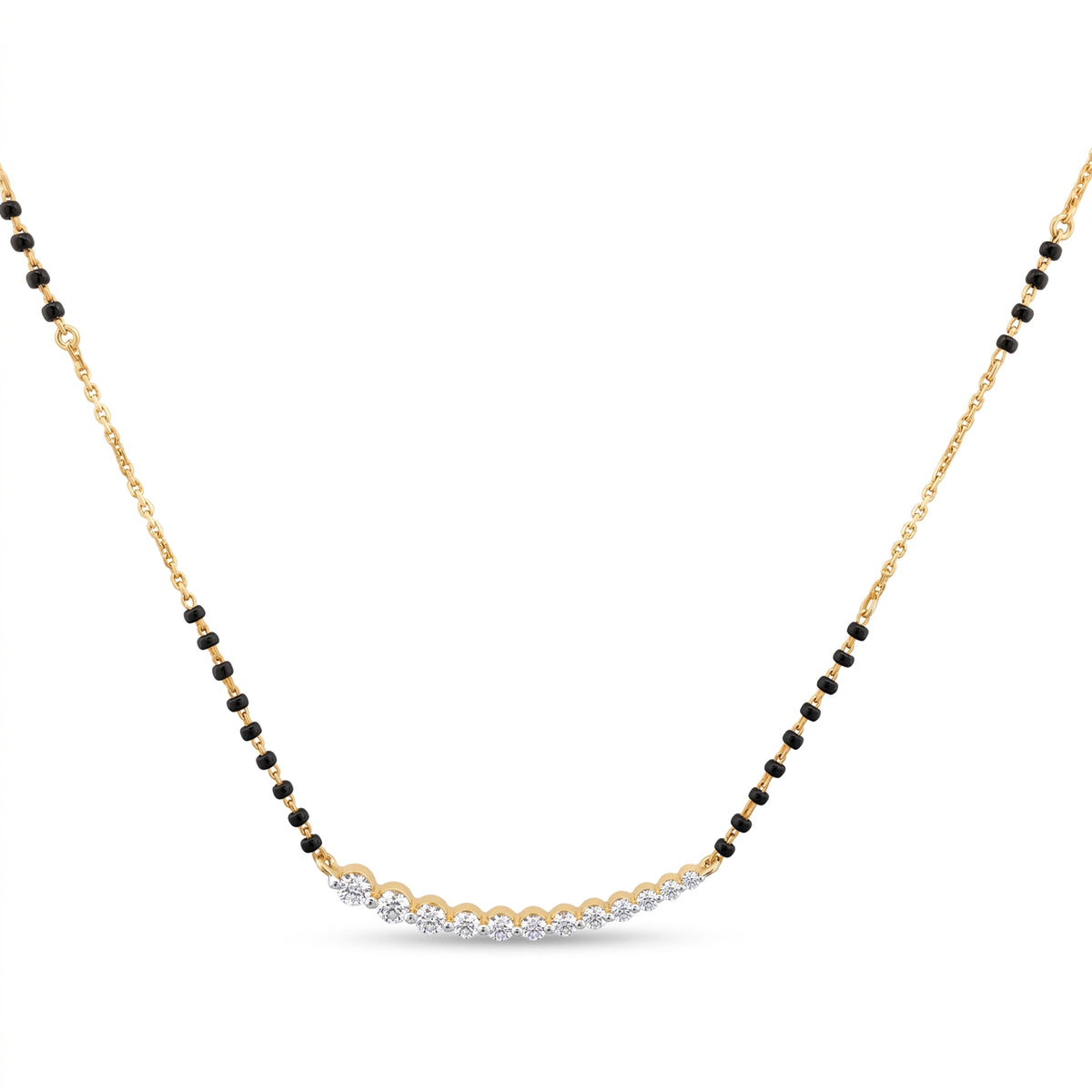 A delicate gold chain necklace featuring a curved central section set with small clear stones, flanked by rows of tiny black beads, on a plain white background.
