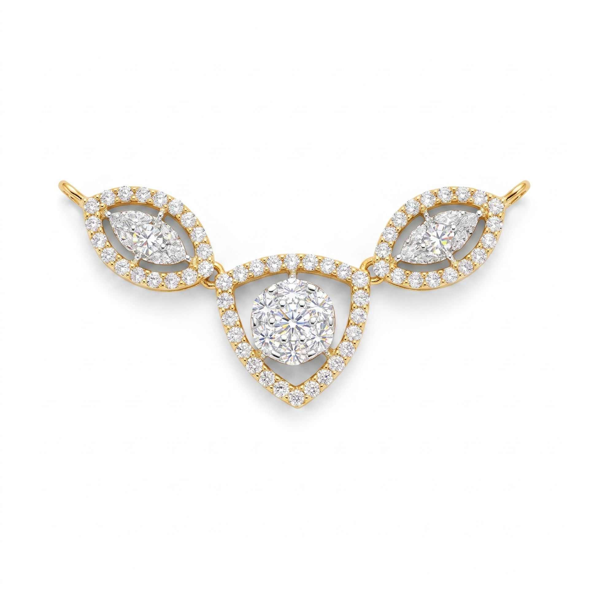 A yellow gold necklace featuring a central teardrop-shaped cluster of round brilliant-cut diamonds surrounded by a halo of smaller diamonds, flanked by two matching marquise-cut diamond clusters on a white background.