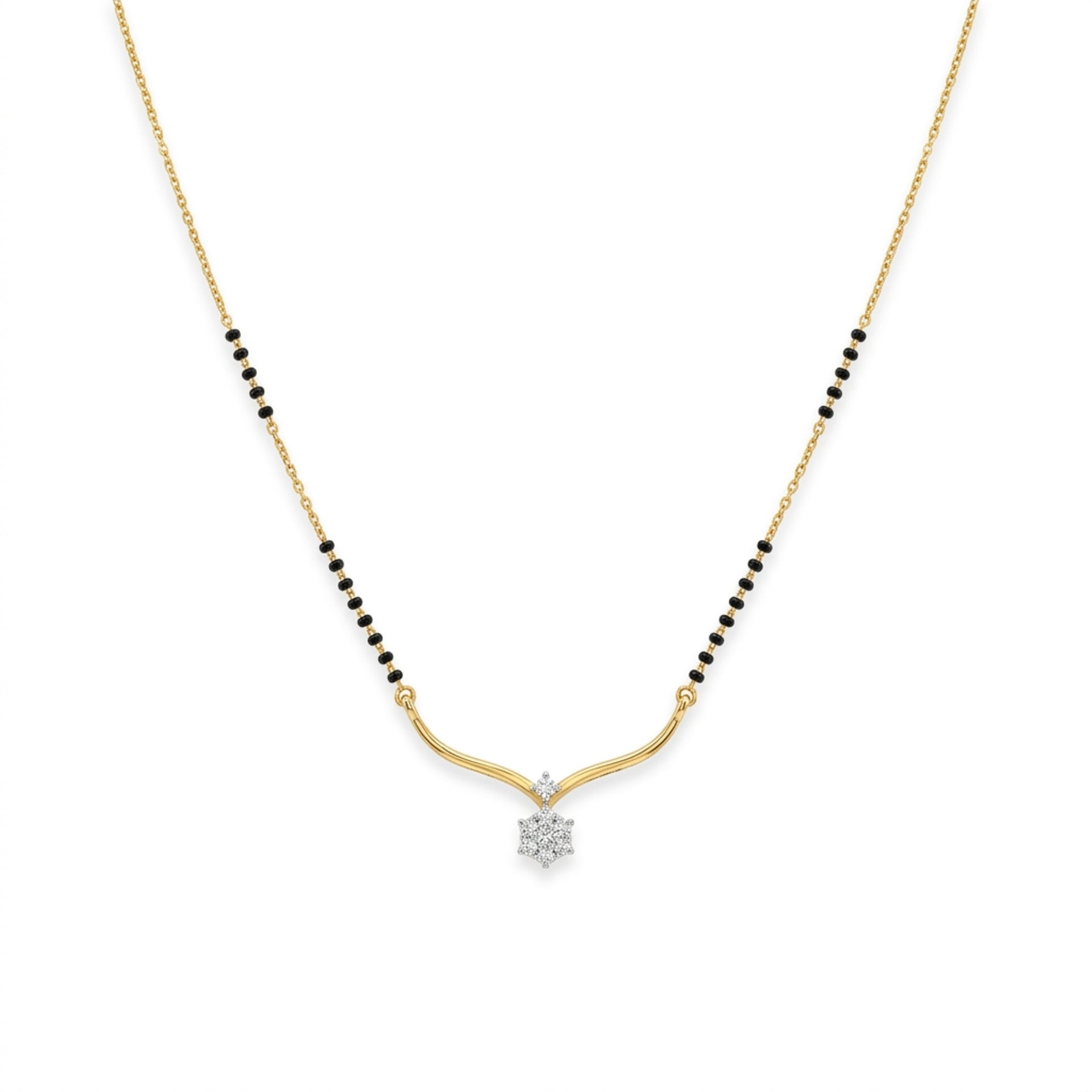 A delicate gold chain necklace featuring a black bead line on either side of a curved gold pendant, with a small clear gemstone at the center holding a star-shaped setting, shown against a plain white background.