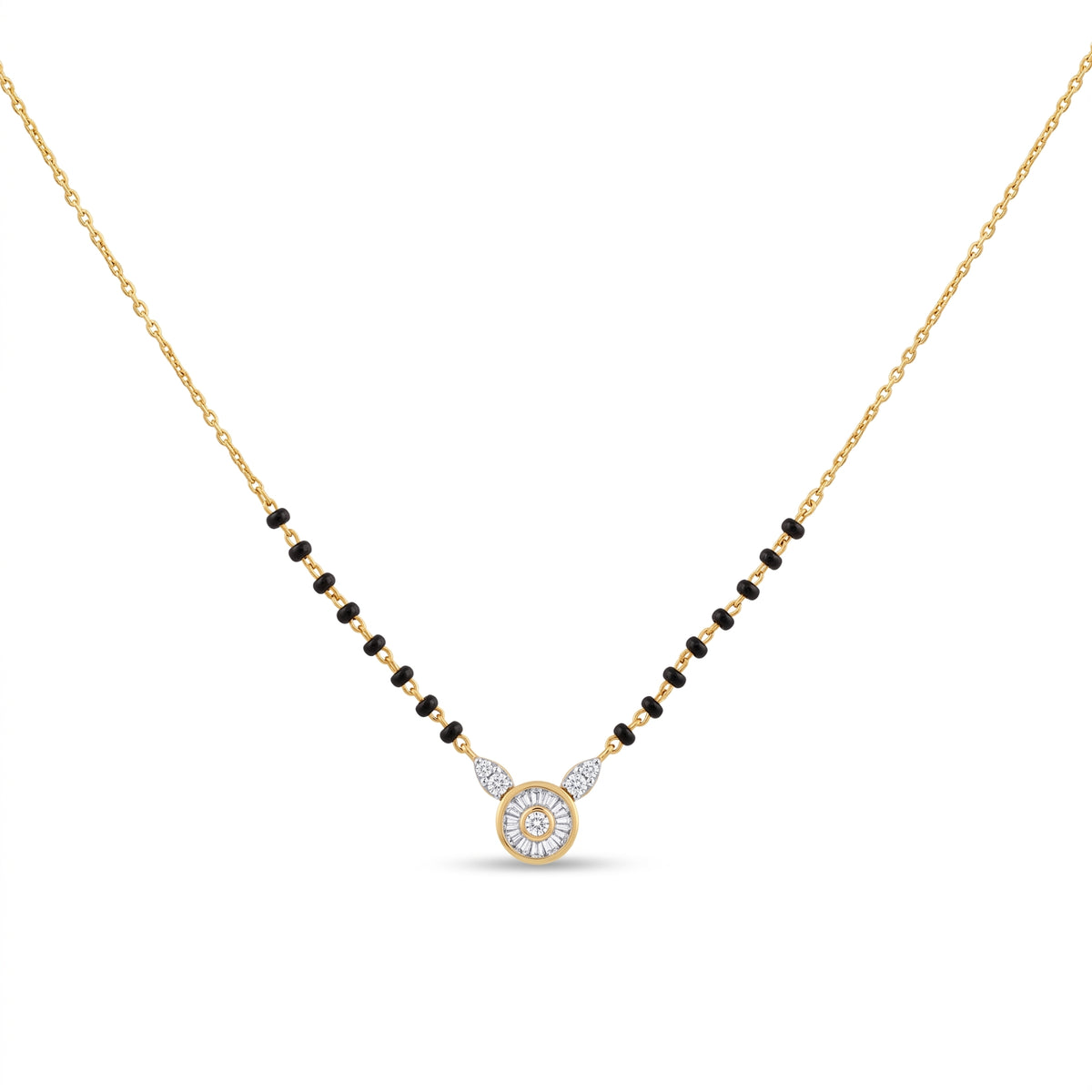 A delicate gold chain necklace featuring a central circular pendant with a halo of small clear stones, flanked by small black beads on each side of the chain, set against a plain white background.