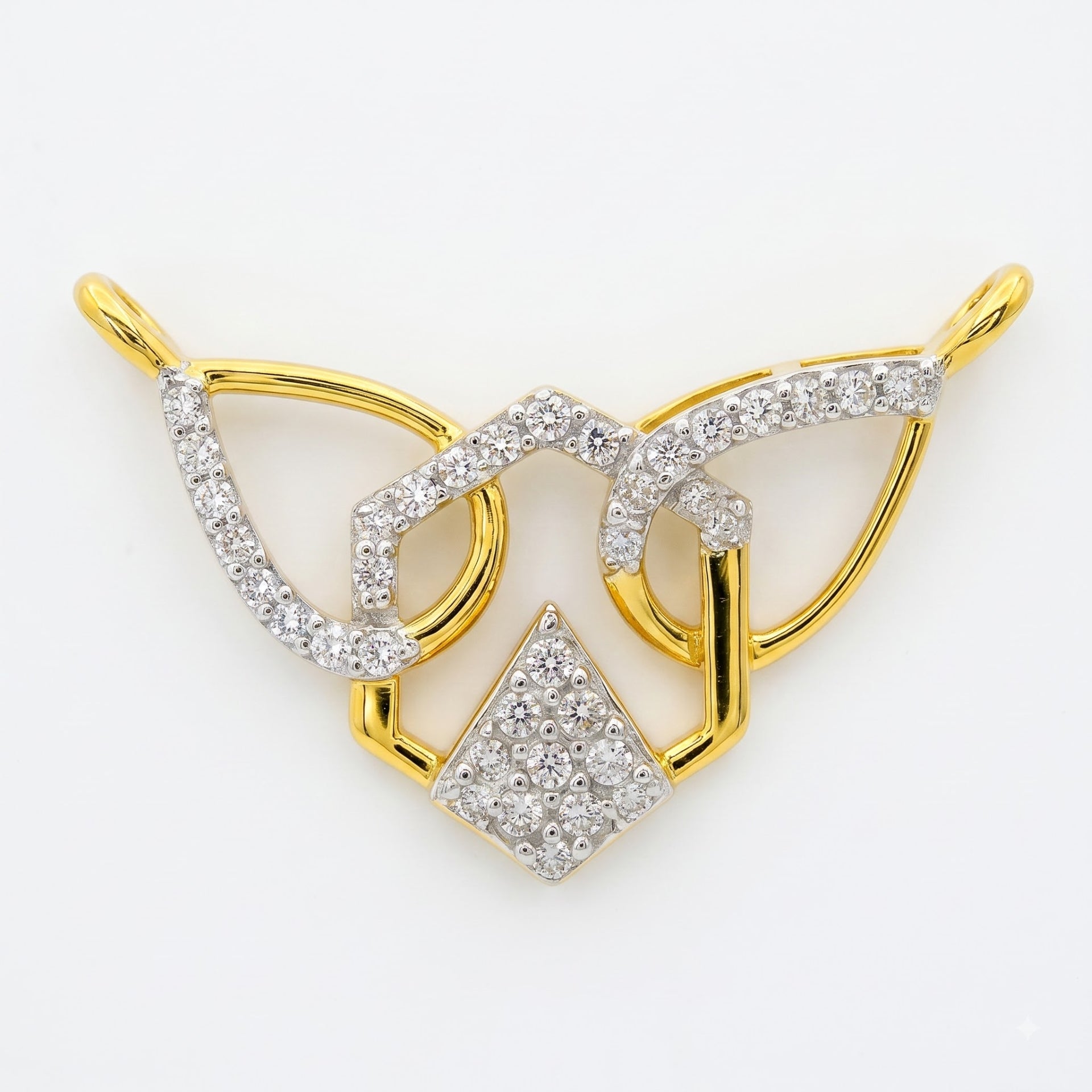 A gold and diamond pendant brooch featuring an abstract interlocking geometric design with a central diamond-shaped pavé diamond cluster, set against a plain white background.