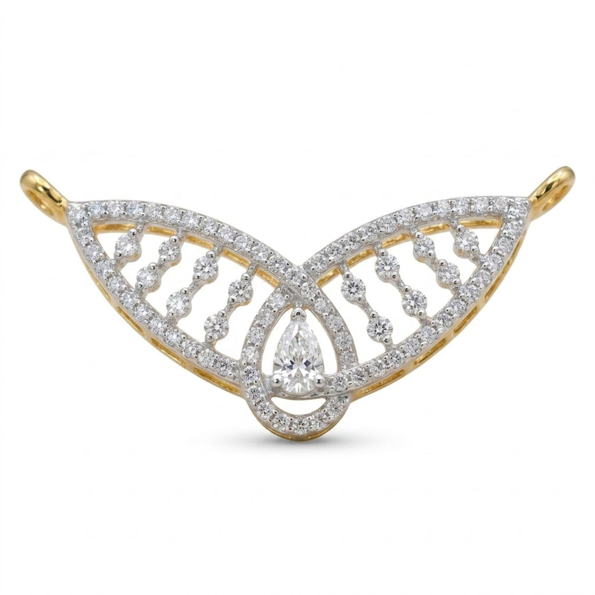 A yellow gold butterfly-shaped pendant brooch adorned with pavé-set round and pear-cut diamonds, shown on a plain white background.