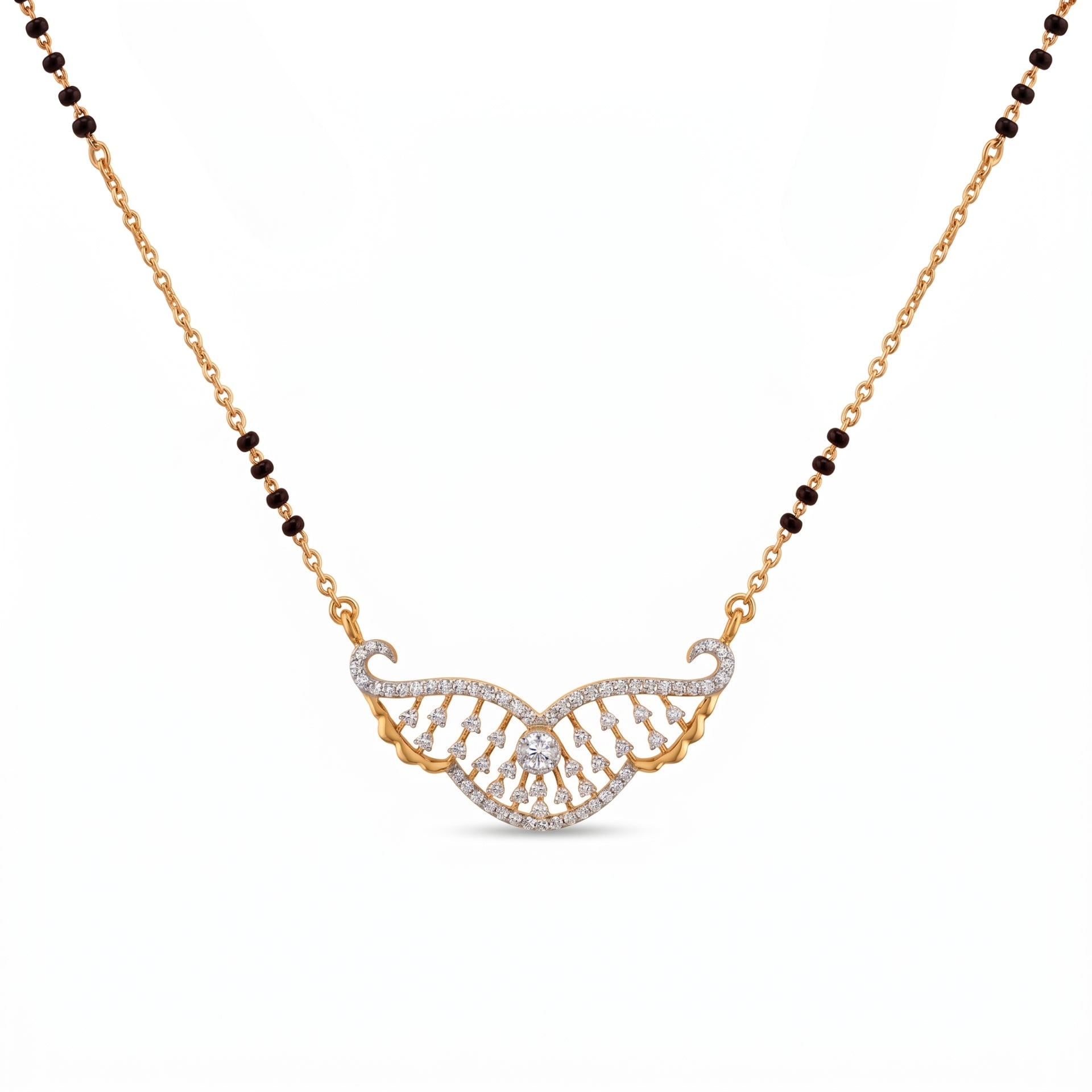 A gold and white stone necklace featuring a wing-like pavé pendant with a central clear stone, suspended from a chain with alternating gold and dark brown beads, on a white background.