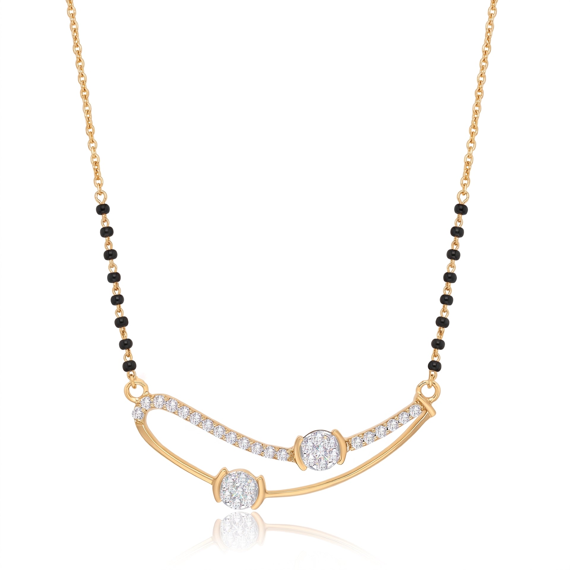 A gold necklace with a curved bar pendant set with small clear stones, and a beaded chain featuring alternating black and gold beads, shown on a white background with a soft reflection.