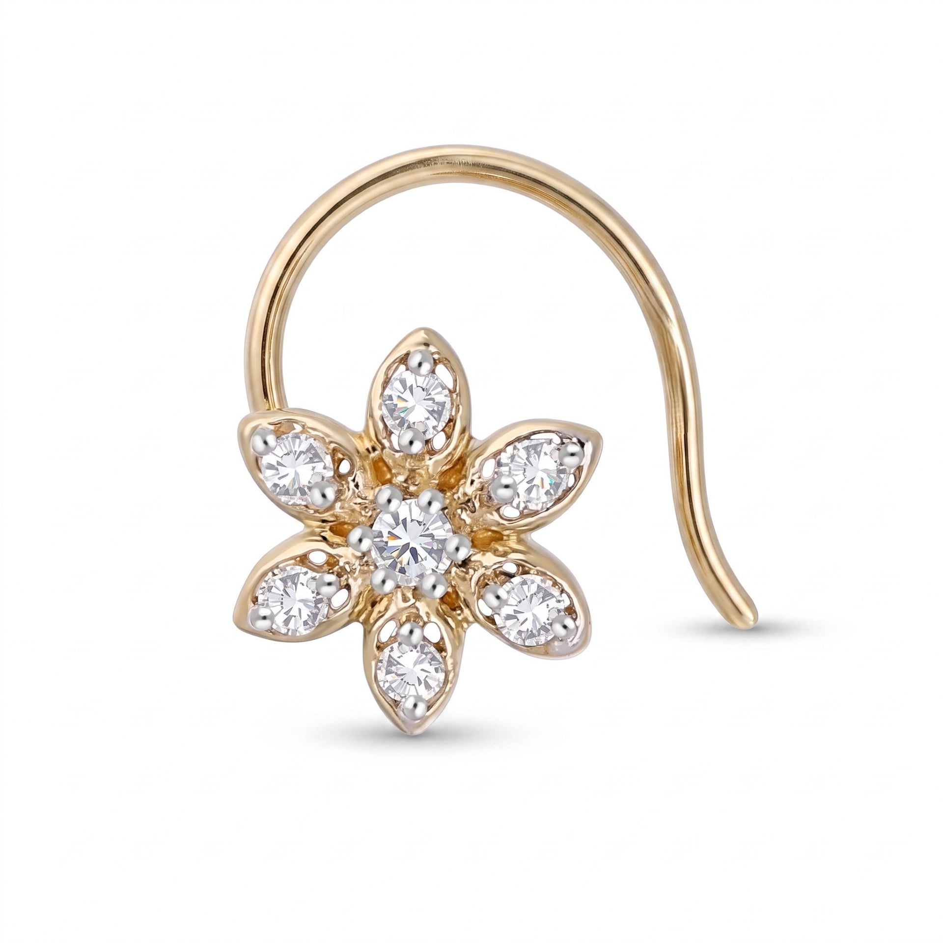 A gold huggie hoop earring featuring a flower-shaped cluster of clear gemstones, including a round center stone and marquise-cut petal stones, shown on a plain white background.