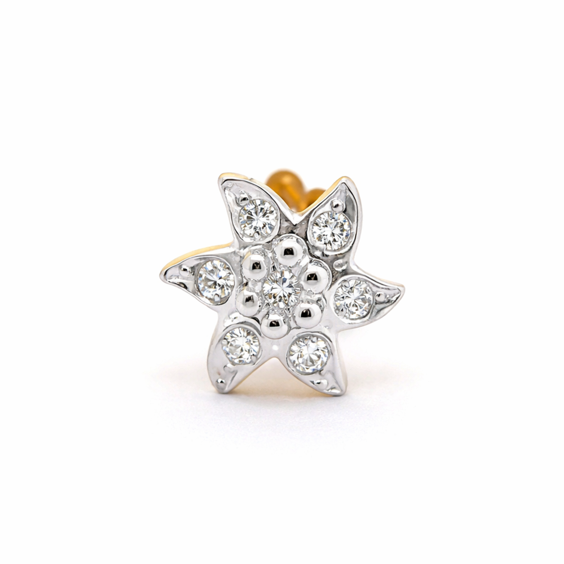A silver star-shaped stud nose ring adorned with clear round-cut gemstones, shown on a plain white background.