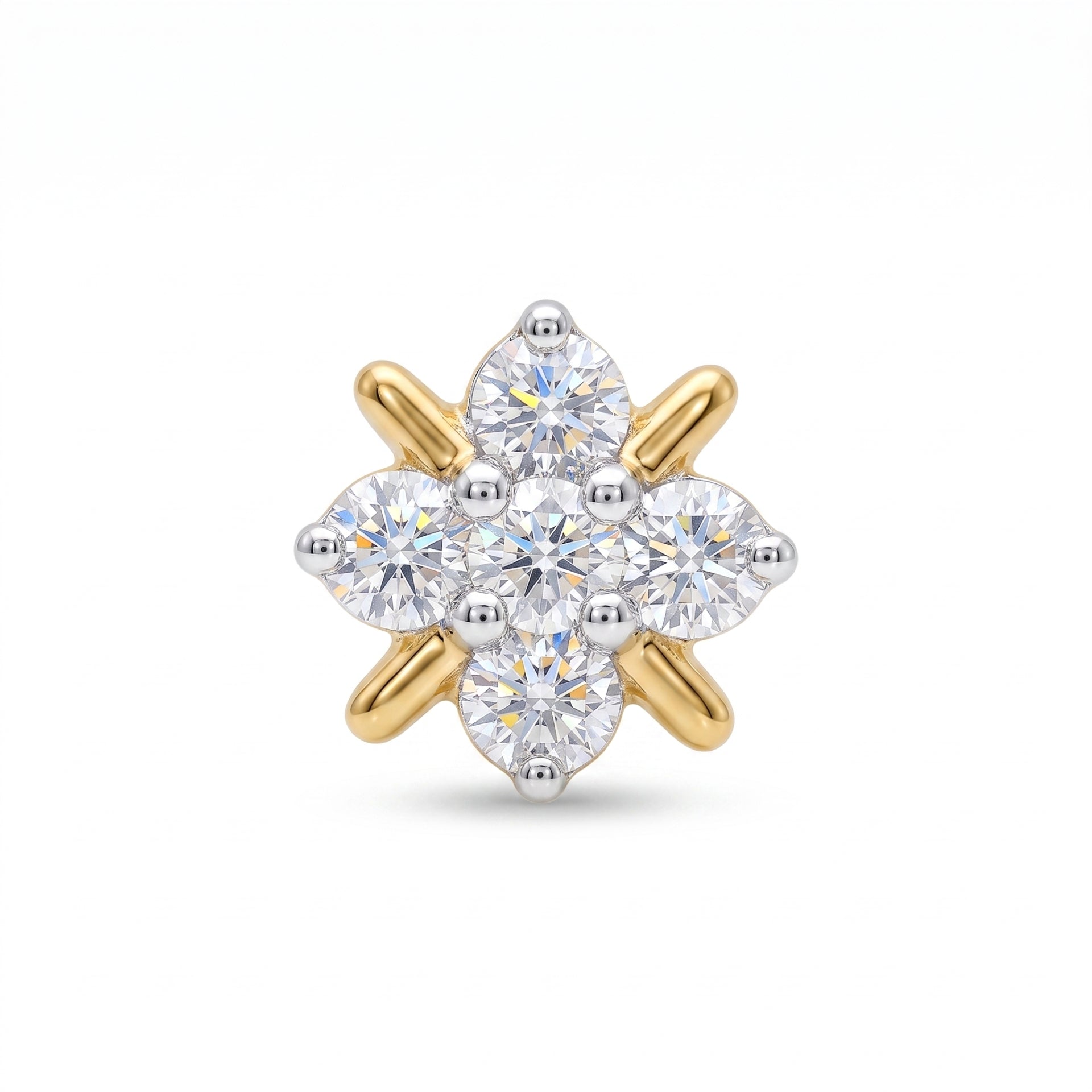 A cluster gemstone nose ring featuring a central round diamond surrounded by six marquise-cut diamonds, set in a two-tone yellow gold and silver-tone metal prong setting on a white background.