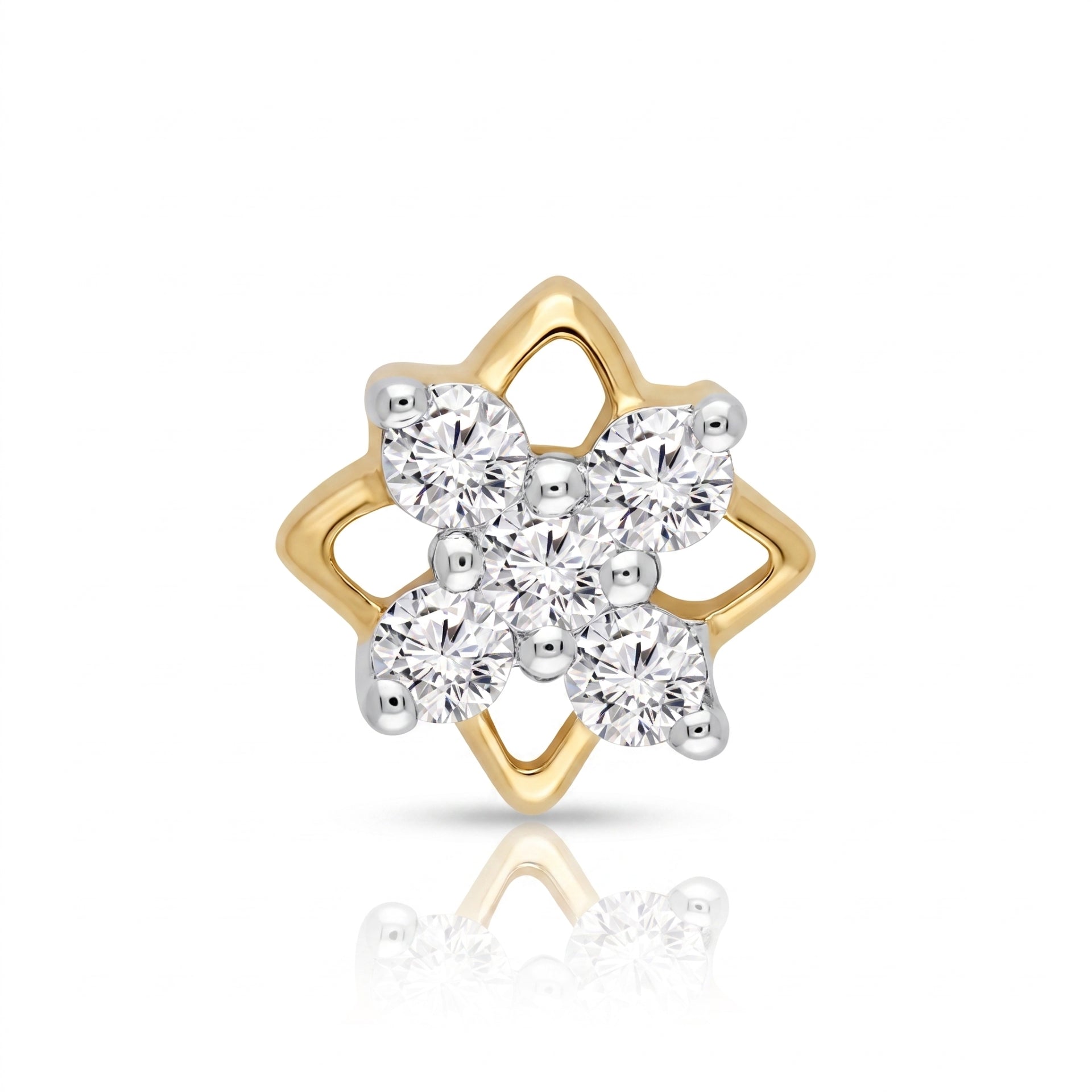 A yellow gold four-pointed star-shaped nosepin with a cluster of clear round-cut gemstones in the center, shown on a white background with a soft reflection below.