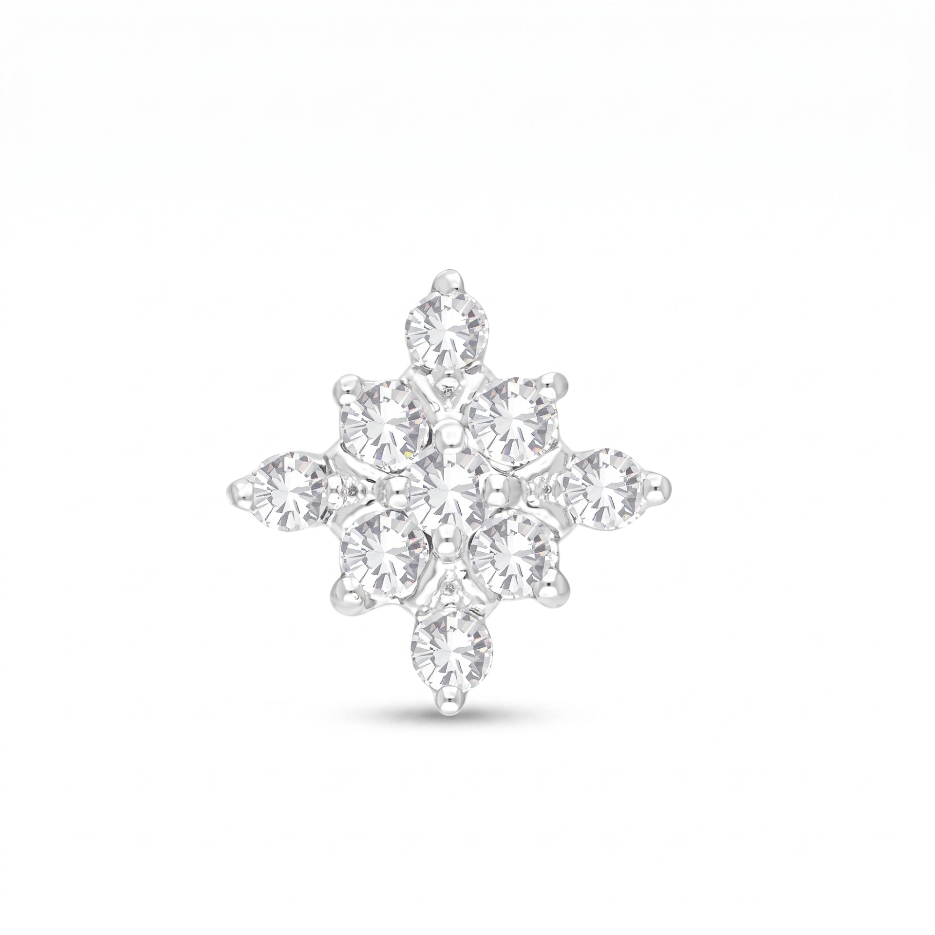 A snowflake-shaped cluster stud earring featuring multiple clear round-cut and marquise-cut gemstones in a silver-toned setting, centered on a plain white background.