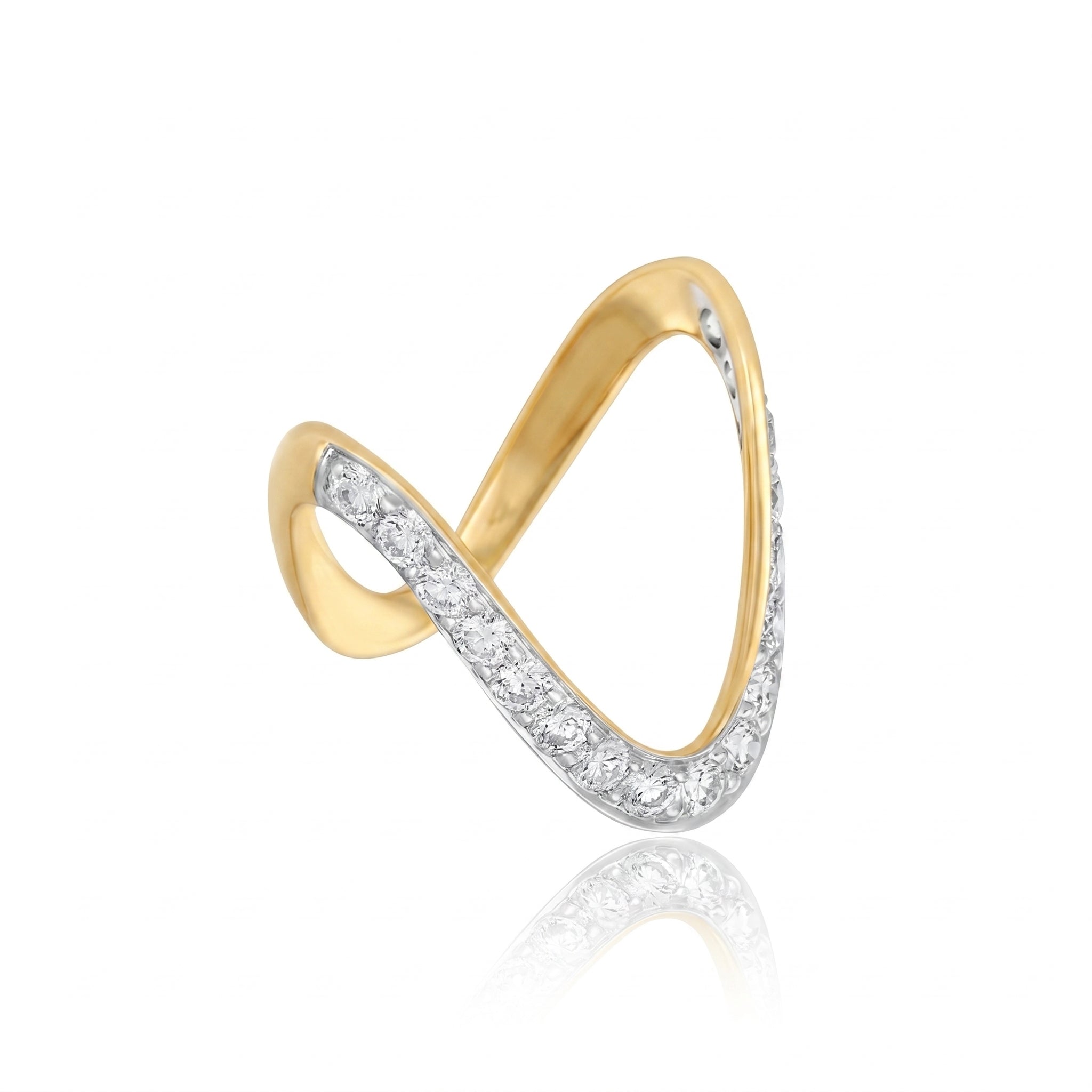 Gold and silver ring with diamond accents on a white background