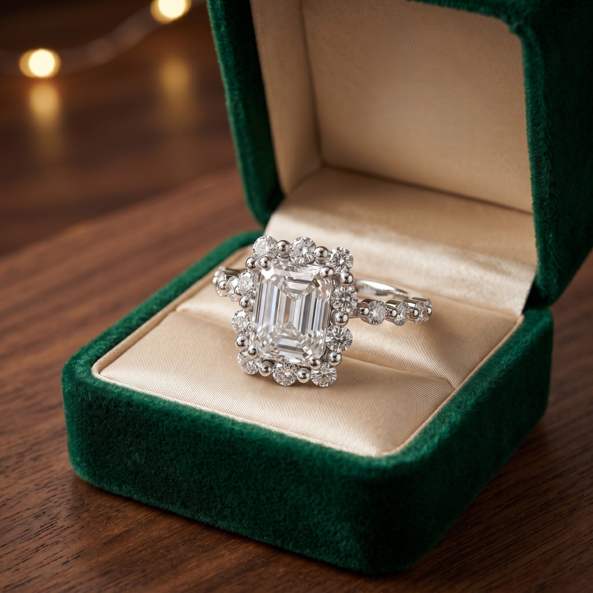 Diamond ring in a green velvet box on a wooden surface