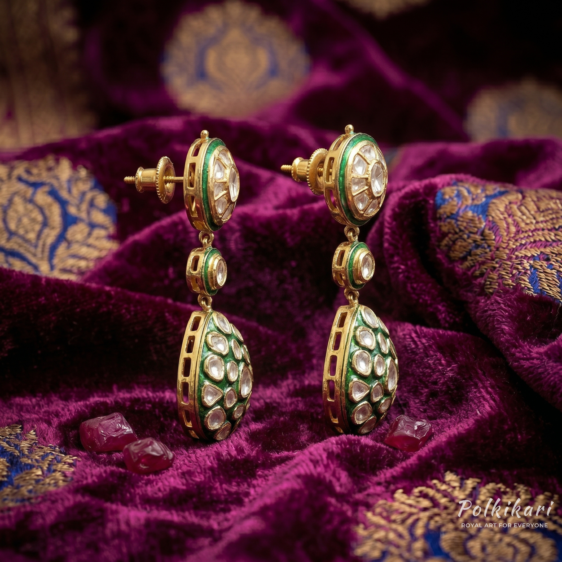 Jadeite Mosaic Drops Lab Grown Polki Earrings