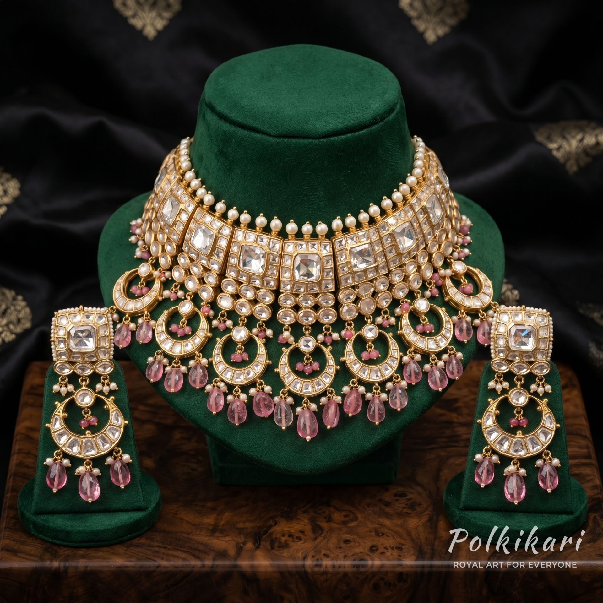 Quartz-Rose Radiance Lab Grown Polki Necklace Set