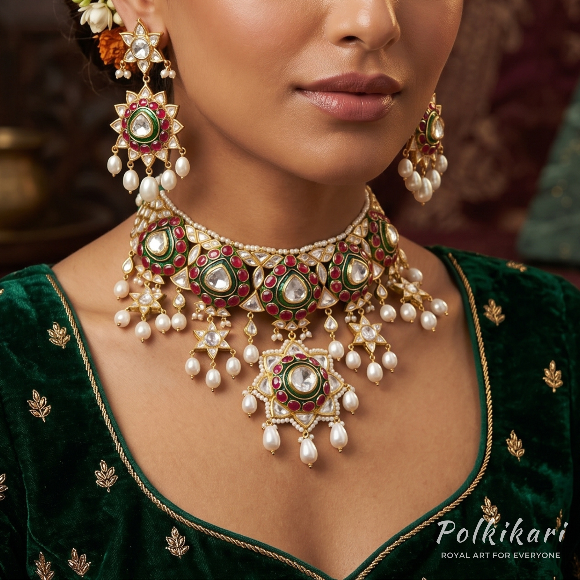 Ruby Lattice Majesty Lab Grown Polki Necklace Set