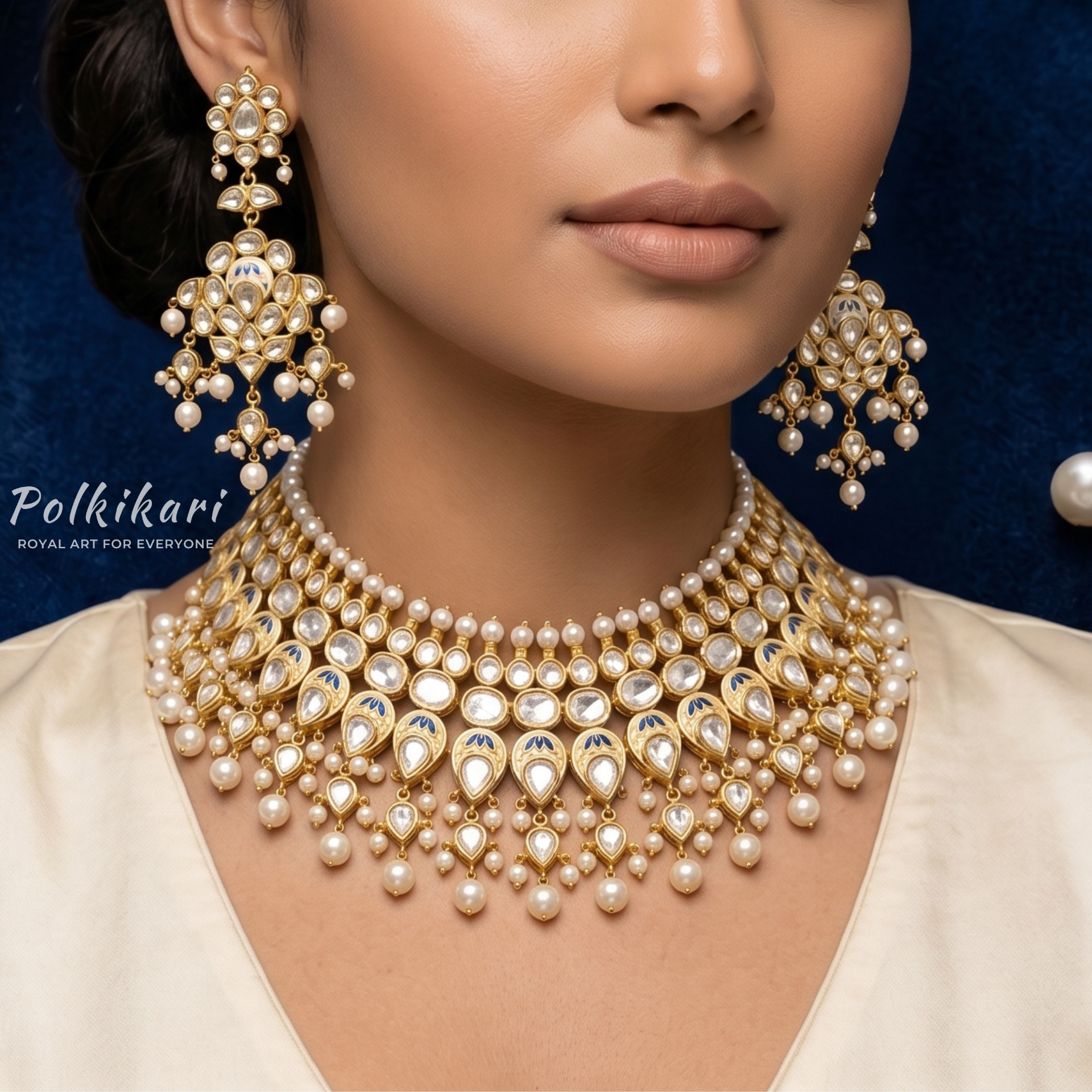 Blue-Veined Radiance Lab Grown Polki Necklace Set