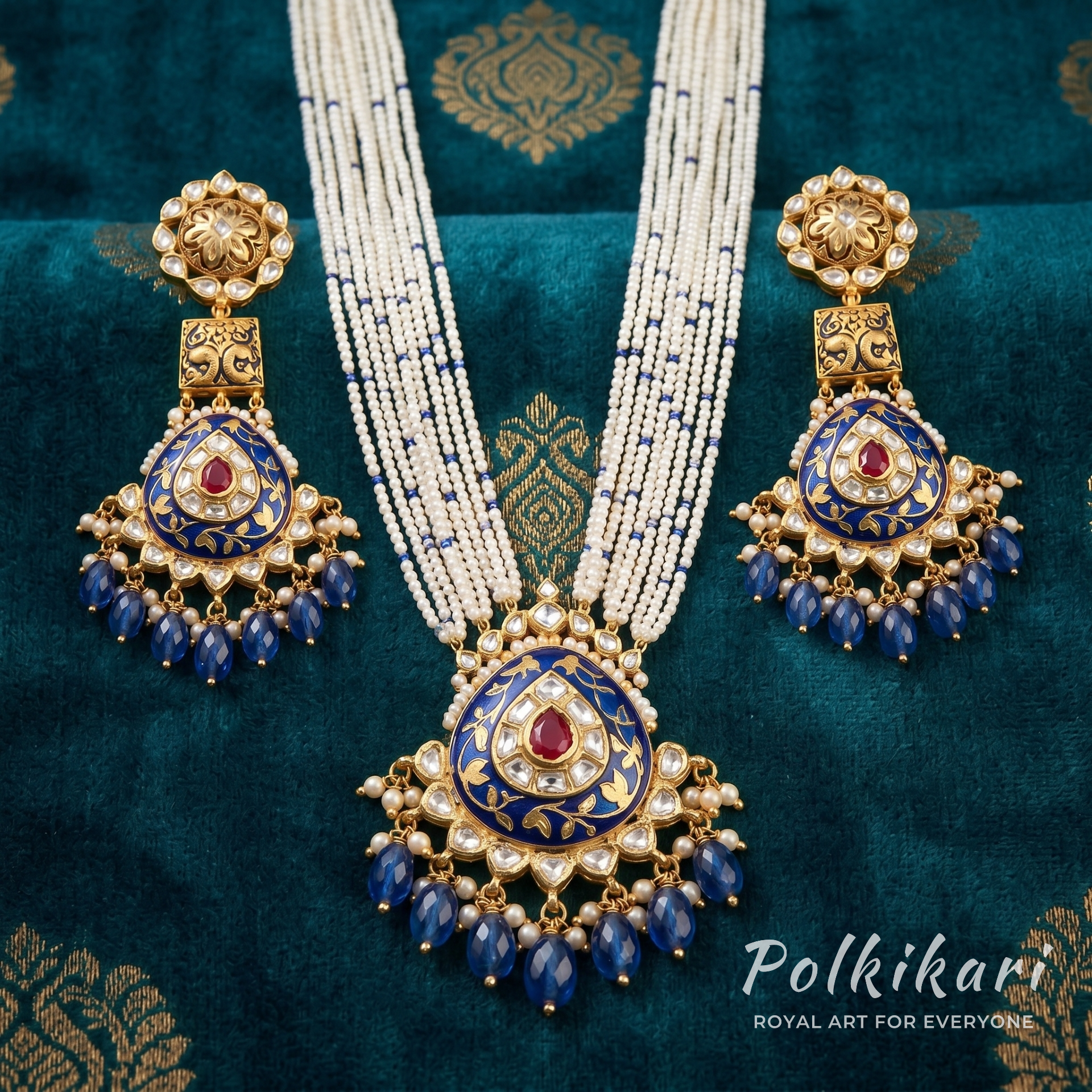 Navy Majesty Lab Grown Polki Pendant Set