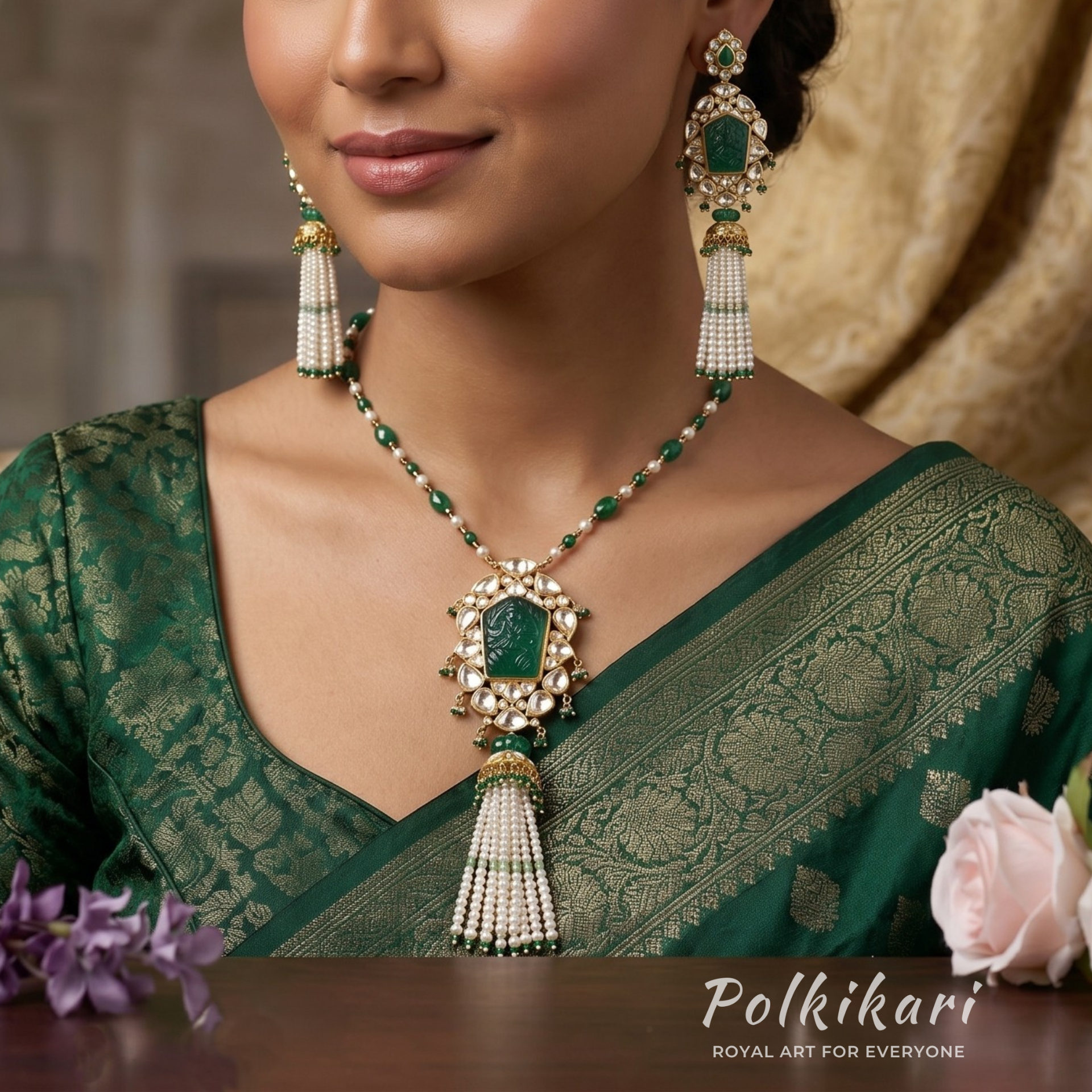 Verdant Fern Tassel Lab Grown Polki Pendant Set