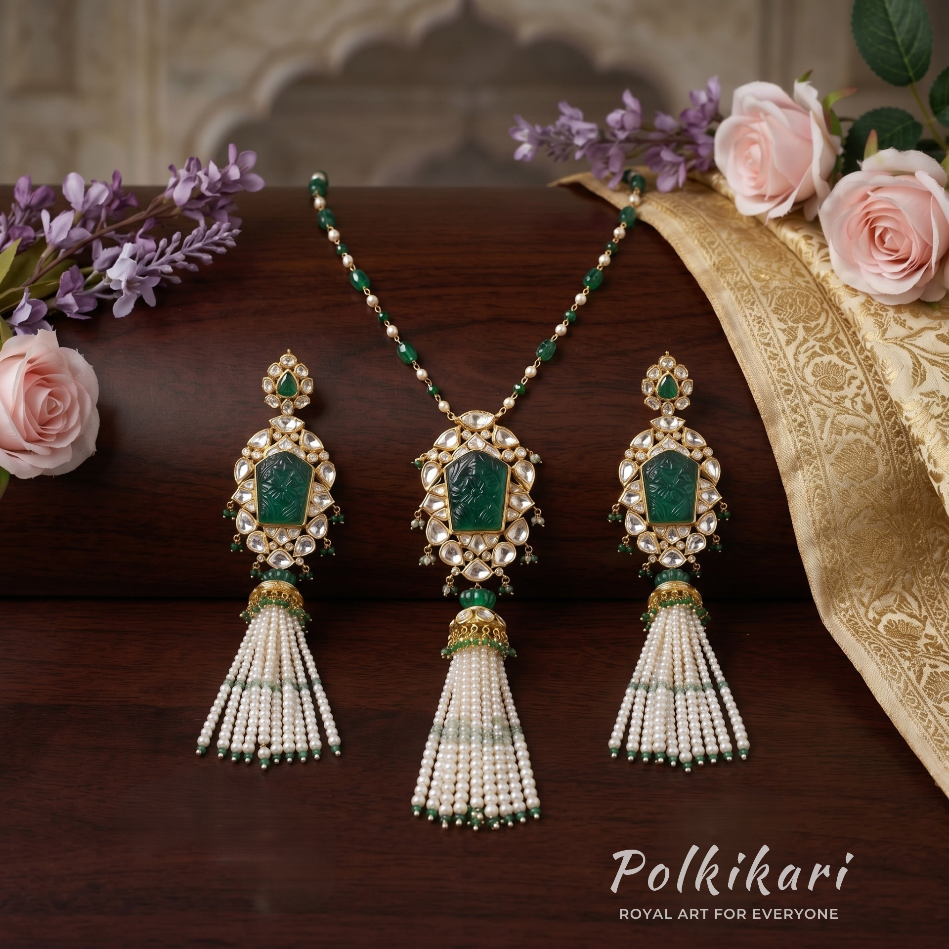 Verdant Fern Tassel Lab Grown Polki Pendant Set