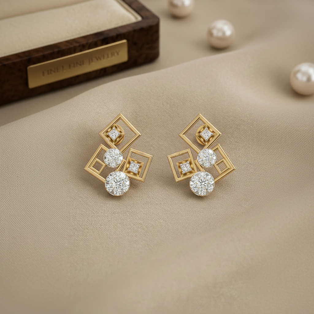 Gold earrings with diamond-like stones on a beige fabric background