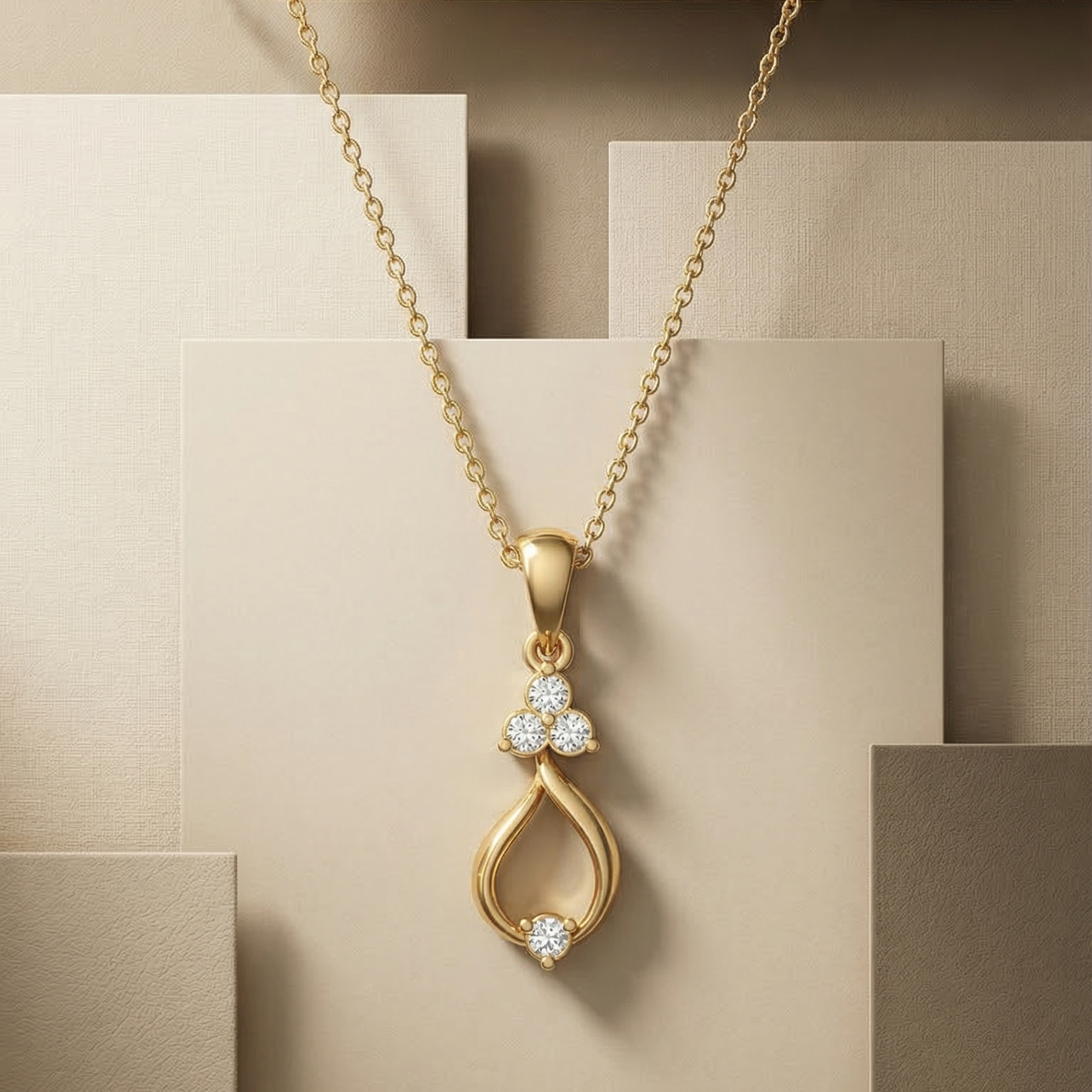 Elegant gold pendant necklace featuring a leaf-inspired design adorned with sparkling lab-grown diamonds on a geometric neutral background.