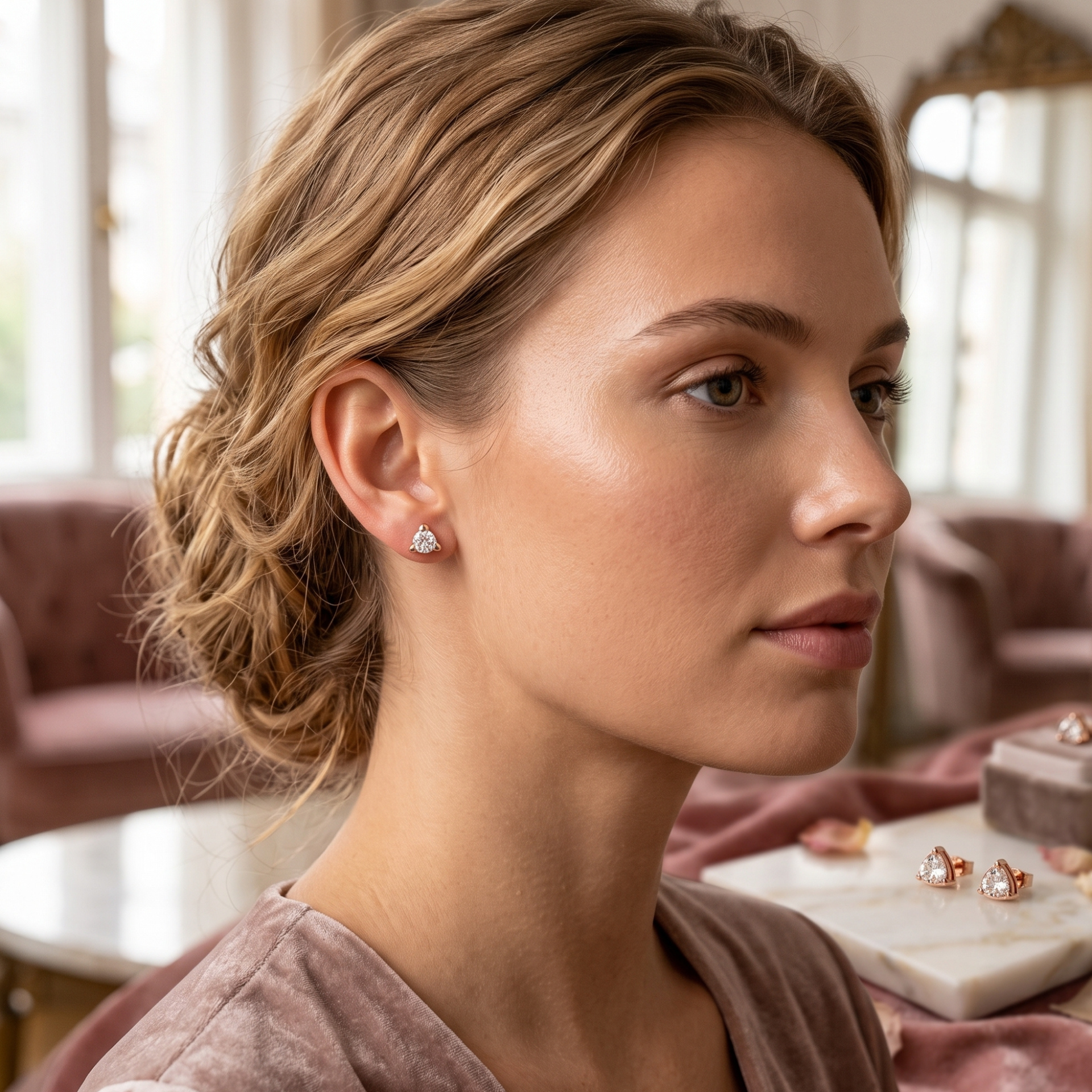 A woman in profile wearing a small heart-shaped stud earring with a sparkling clear gemstone in a rose gold setting, photographed in a softly lit indoor setting.