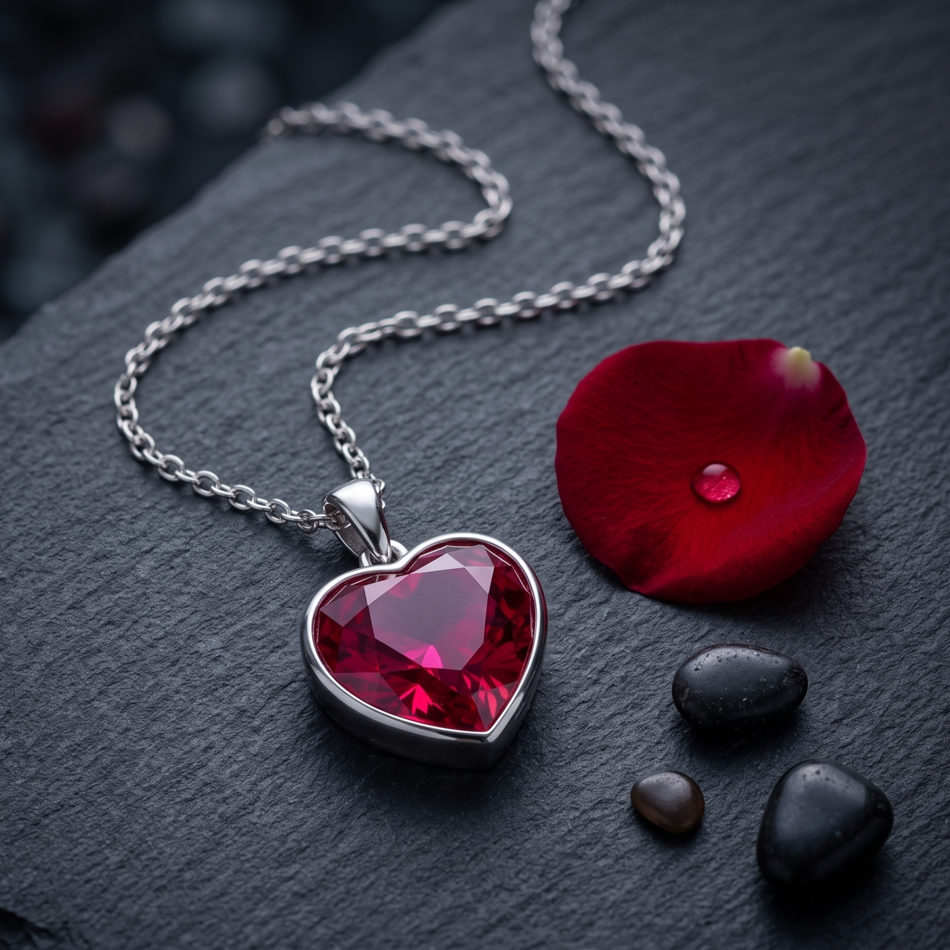 A heart-shaped pendant necklace with a faceted deep red gemstone in a silver bezel setting, resting on a dark slate surface next to a red rose petal and small black stones.