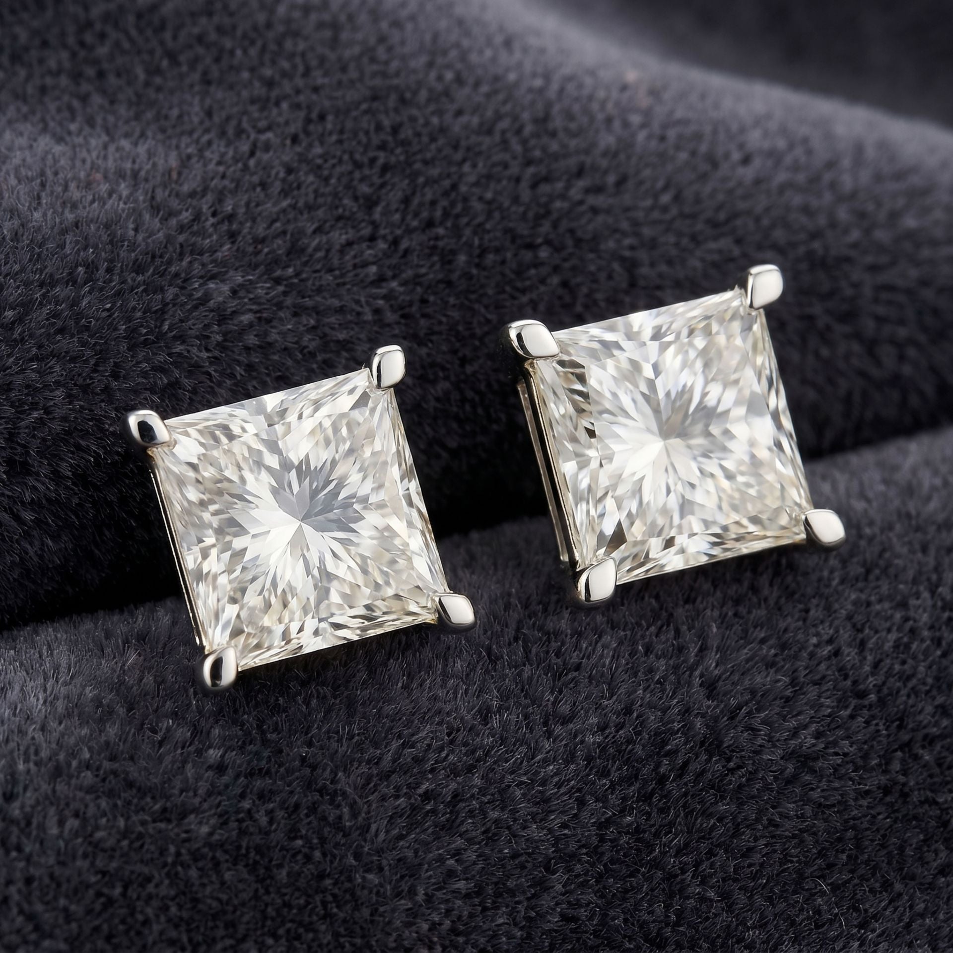 Princess cut lab grown diamond stud earrings on a black velvet background