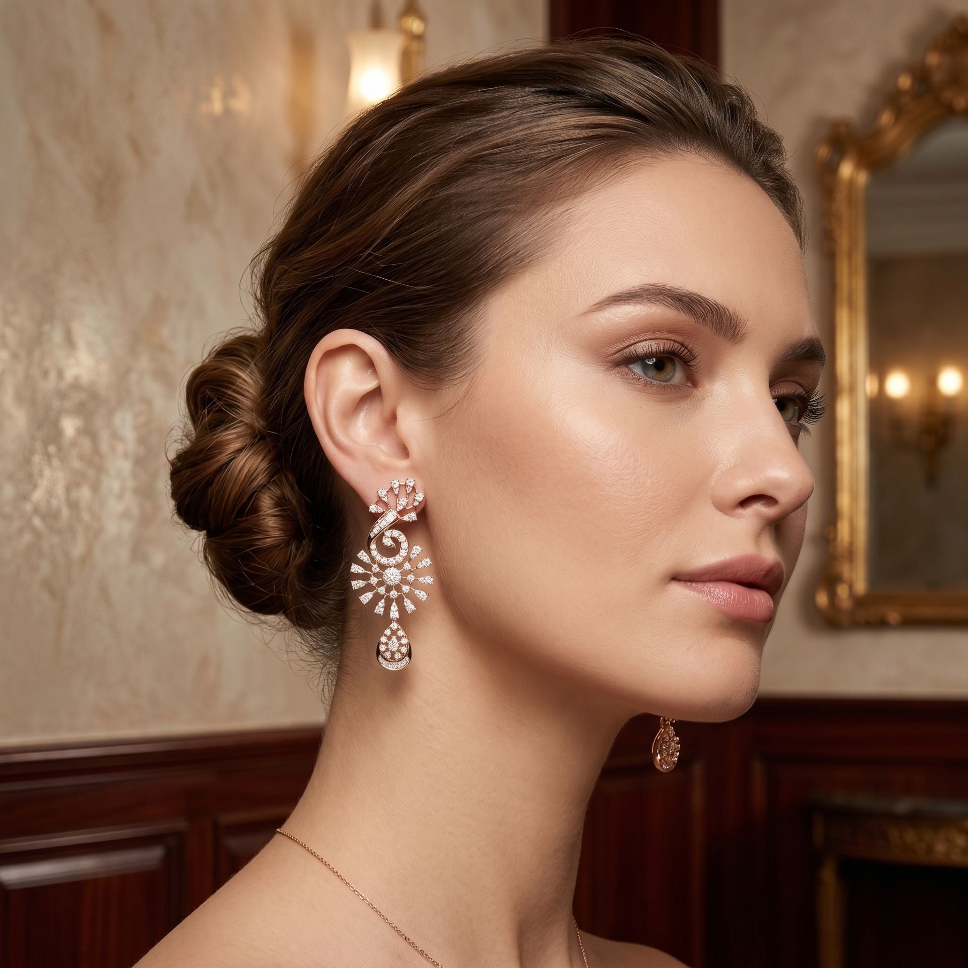 Woman wearing elegant lab-grown diamond drop earrings in a luxury lifestyle portrait.