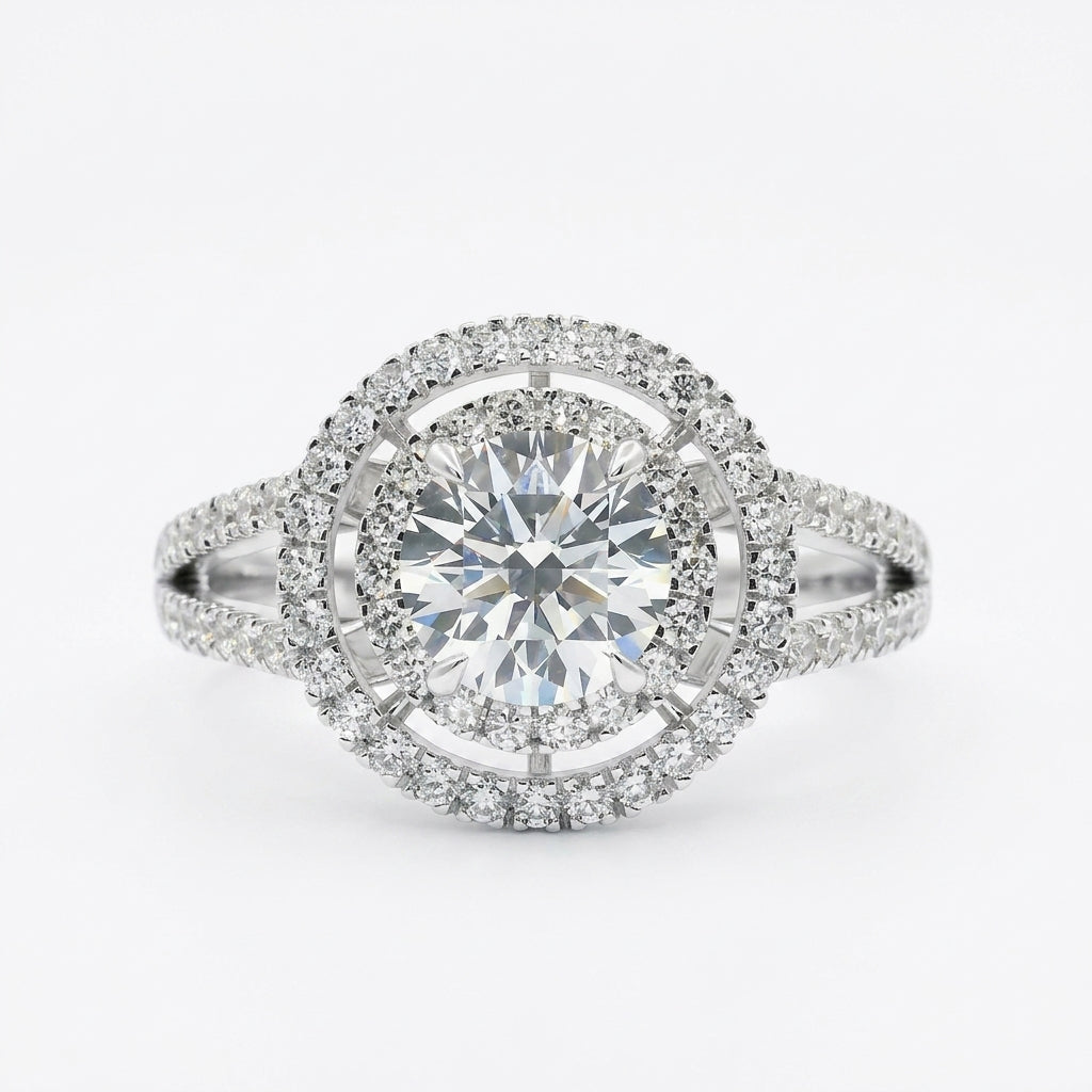 Diamond ring with a clear gemstone on a white background