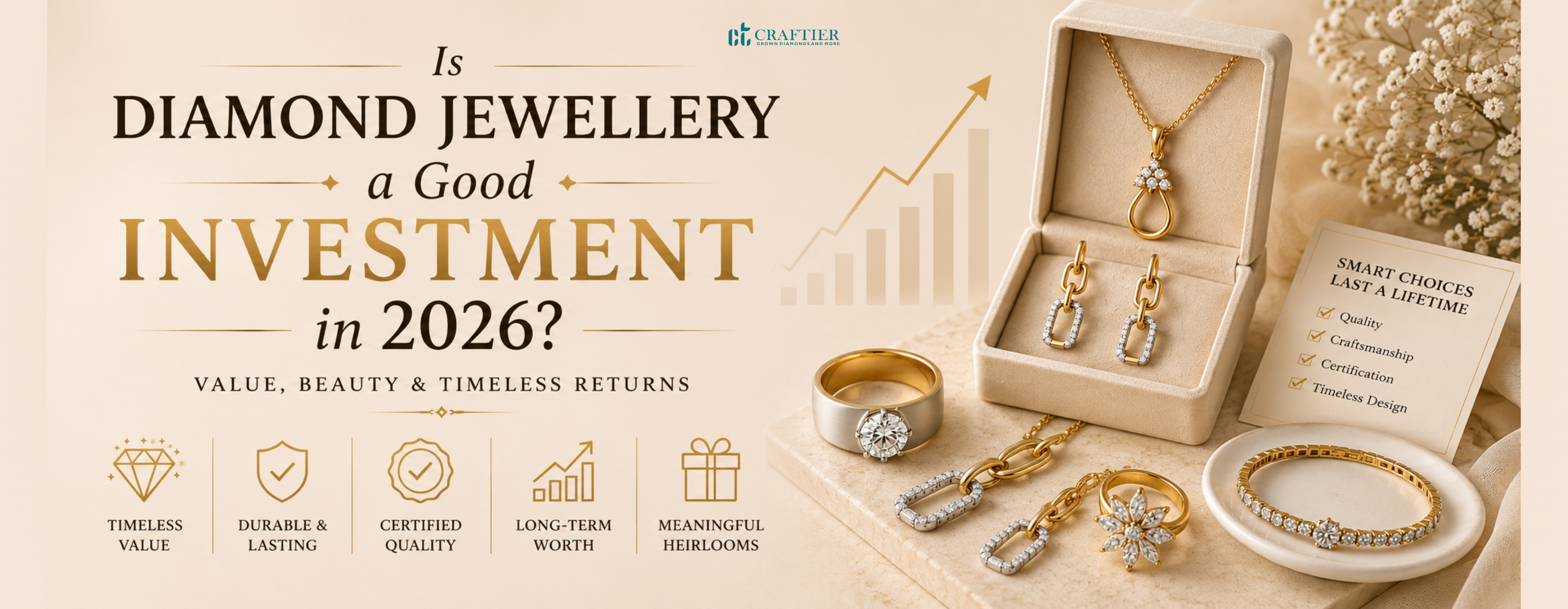Featured banner highlighting diamond jewellery as a timeless purchase in 2026, featuring elegant lab-grown diamond jewellery in a luxurious beige setting that reflects quality, craftsmanship, and lasting value.