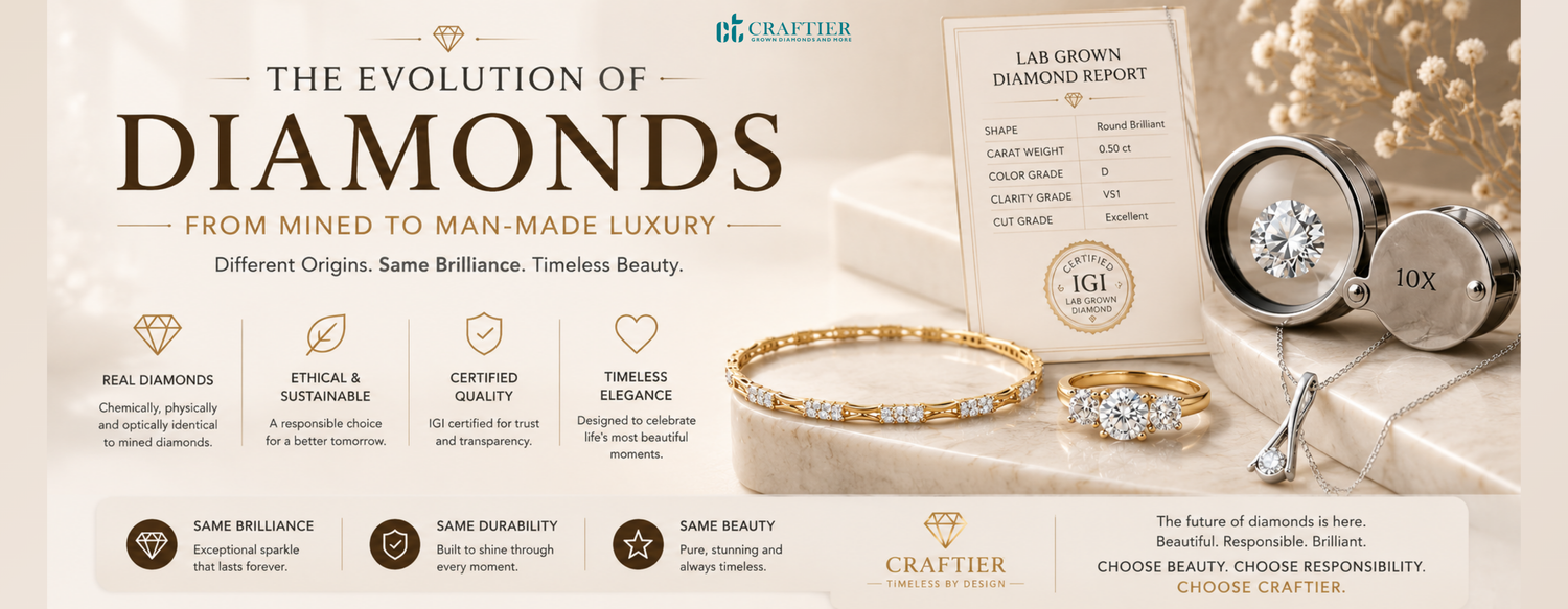 Featured banner showcasing the journey of diamonds from natural origins to modern lab-grown innovation, highlighting certified quality, advanced craftsmanship, and timeless elegance in a luxurious setting.