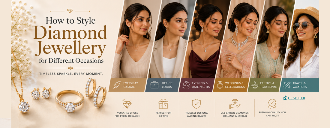 Wide lifestyle banner featuring multiple women wearing lab-grown diamond jewellery styled for various occasions, including everyday casual looks, office wear, date nights, weddings, festive events, and vacations.