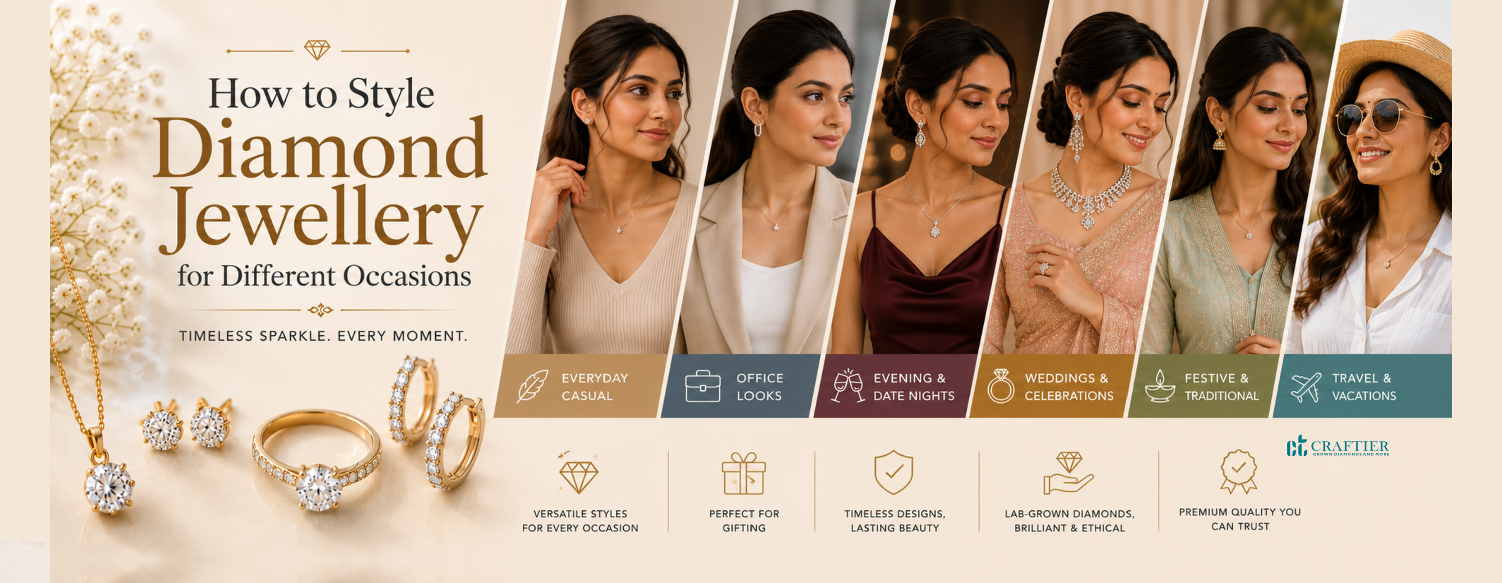 Wide lifestyle banner featuring multiple women wearing lab-grown diamond jewellery styled for various occasions, including everyday casual looks, office wear, date nights, weddings, festive events, and vacations.