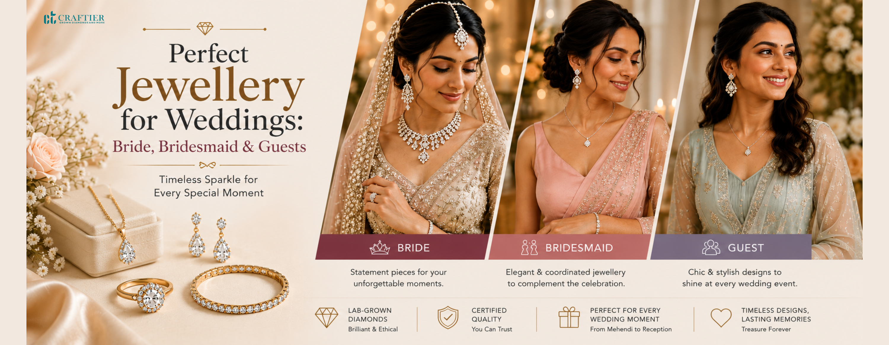 Wide wedding jewellery banner featuring three women styled as a bride, bridesmaid, and wedding guest wearing diamond necklaces, earrings, bracelets, and rings against a soft gold and cream backdrop.