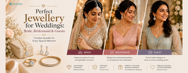 Wide wedding jewellery banner featuring three women styled as a bride, bridesmaid, and wedding guest wearing diamond necklaces, earrings, bracelets, and rings against a soft gold and cream backdrop.