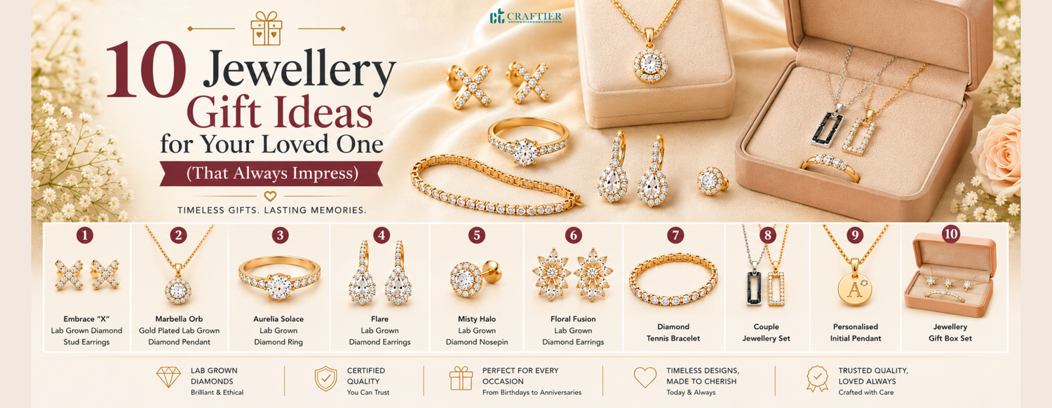 Wide gift guide banner with a luxury cream and gold theme, displaying ten lab-grown diamond jewellery gift options including earrings, pendants, rings, bracelets, nosepins, personalised jewellery, and gift sets arranged in a catalogue-style layout.