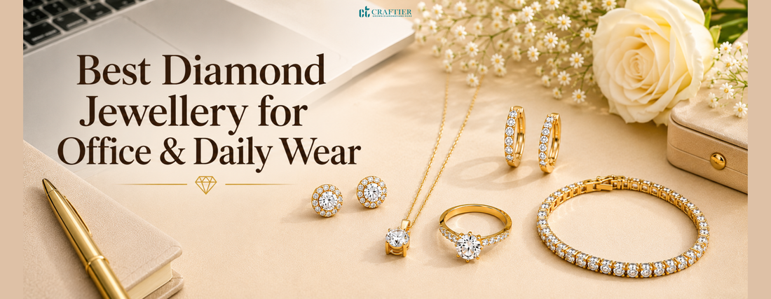Wide lifestyle banner featuring a curated collection of minimalist lab-grown diamond jewellery displayed on a warm-toned office desk alongside a laptop, notebook, pen, and flowers, with the heading "Best Diamond Jewellery for Office & Daily Wear."