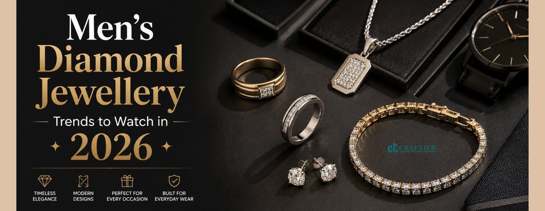 Wide editorial banner with a black and gold theme featuring men's lab-grown diamond jewellery, including minimalist rings, stud earrings, a pendant necklace, and a bracelet arranged with premium accessories.