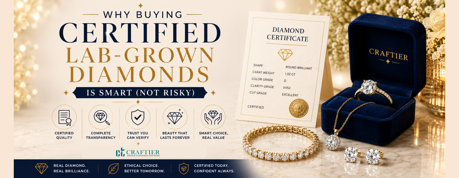 Wide luxury banner featuring certified lab-grown diamond jewellery, including a solitaire ring, pendant necklace, stud earrings, and bracelet arranged beside a diamond certification card and premium jewellery box.
