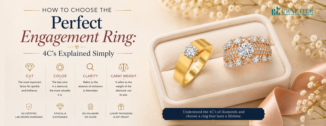 Featured banner for a diamond buying guide showing two engagement rings in a luxury jewelry box alongside an overview of the 4C's of diamonds—Cut, Color, Clarity, and Carat Weight.